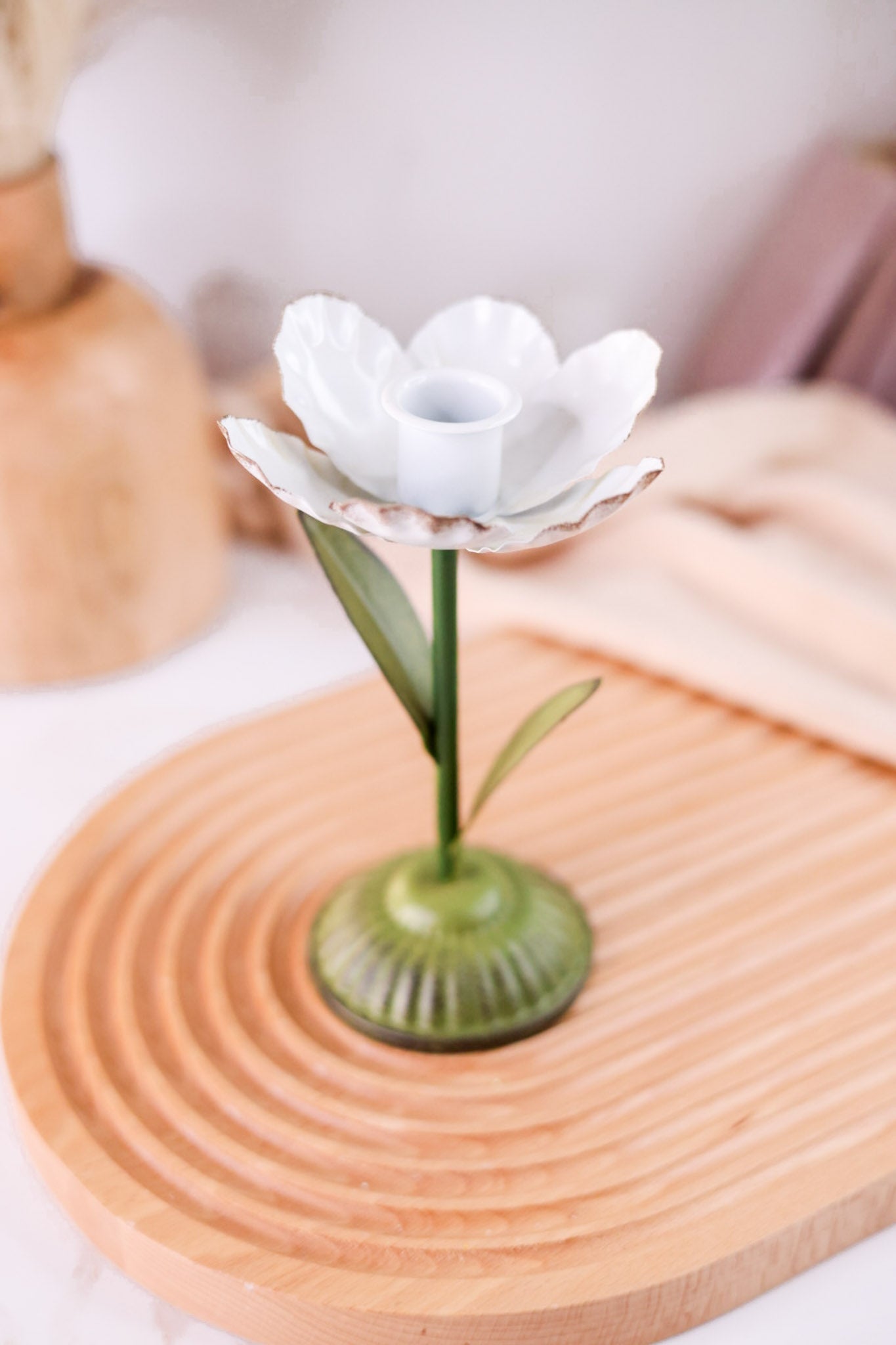 7.5" White Metal Flower Taper Candle Holder - Whiskey Skies - MUD PIE