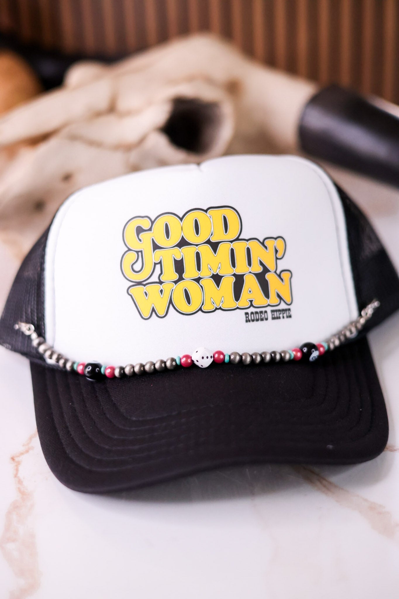8 Ball Western Style Cowgirl Pearl & Small Dice Trucker Hat Chain - Whiskey Skies - BOHO RANCH SHOP
