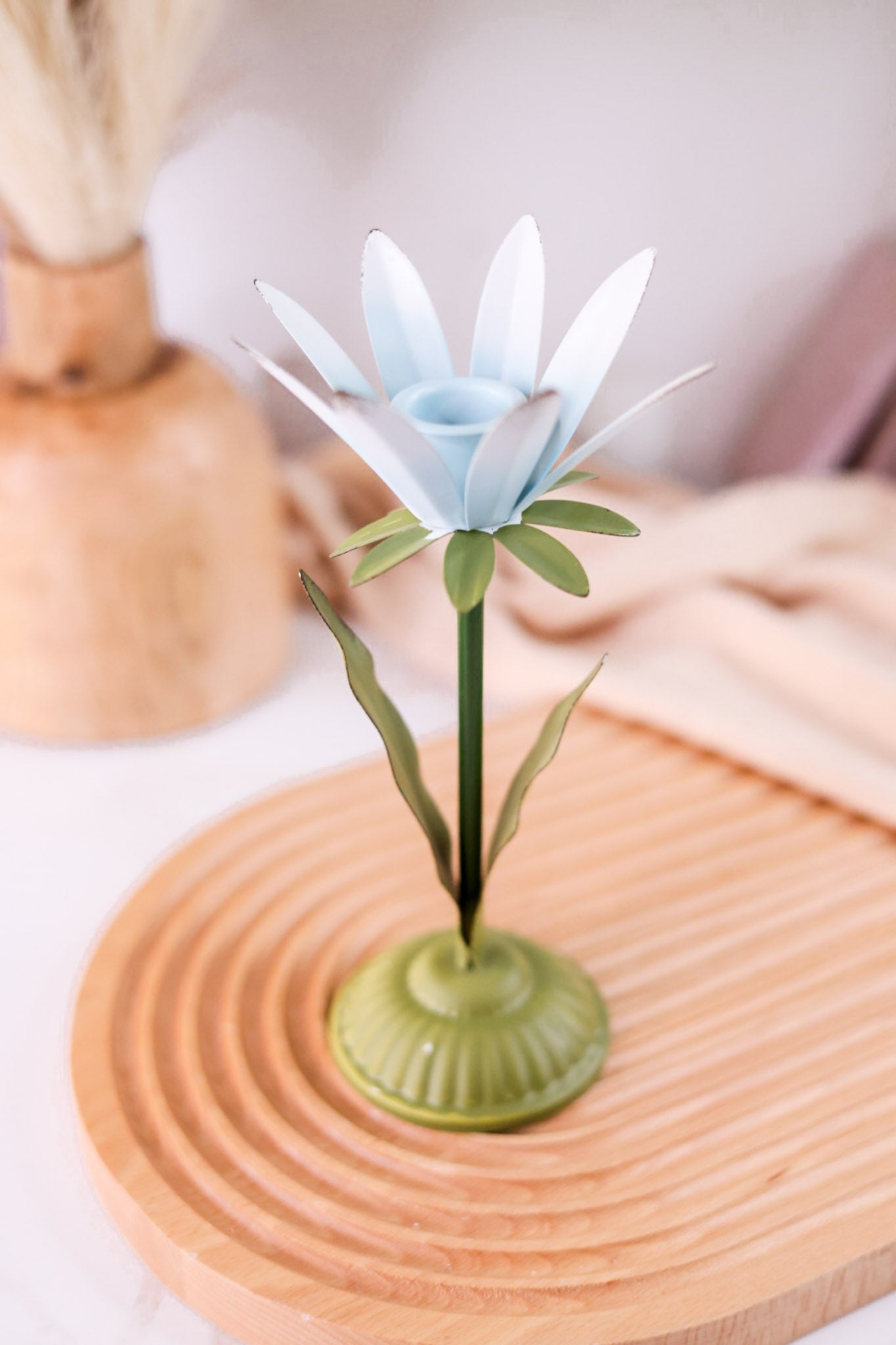 8.75" Blue Metal Flower Taper Candle Holder - Whiskey Skies - MUD PIE