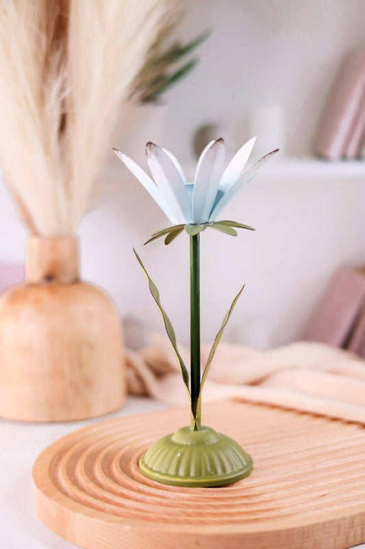 8.75" Blue Metal Flower Taper Candle Holder - Whiskey Skies - MUD PIE