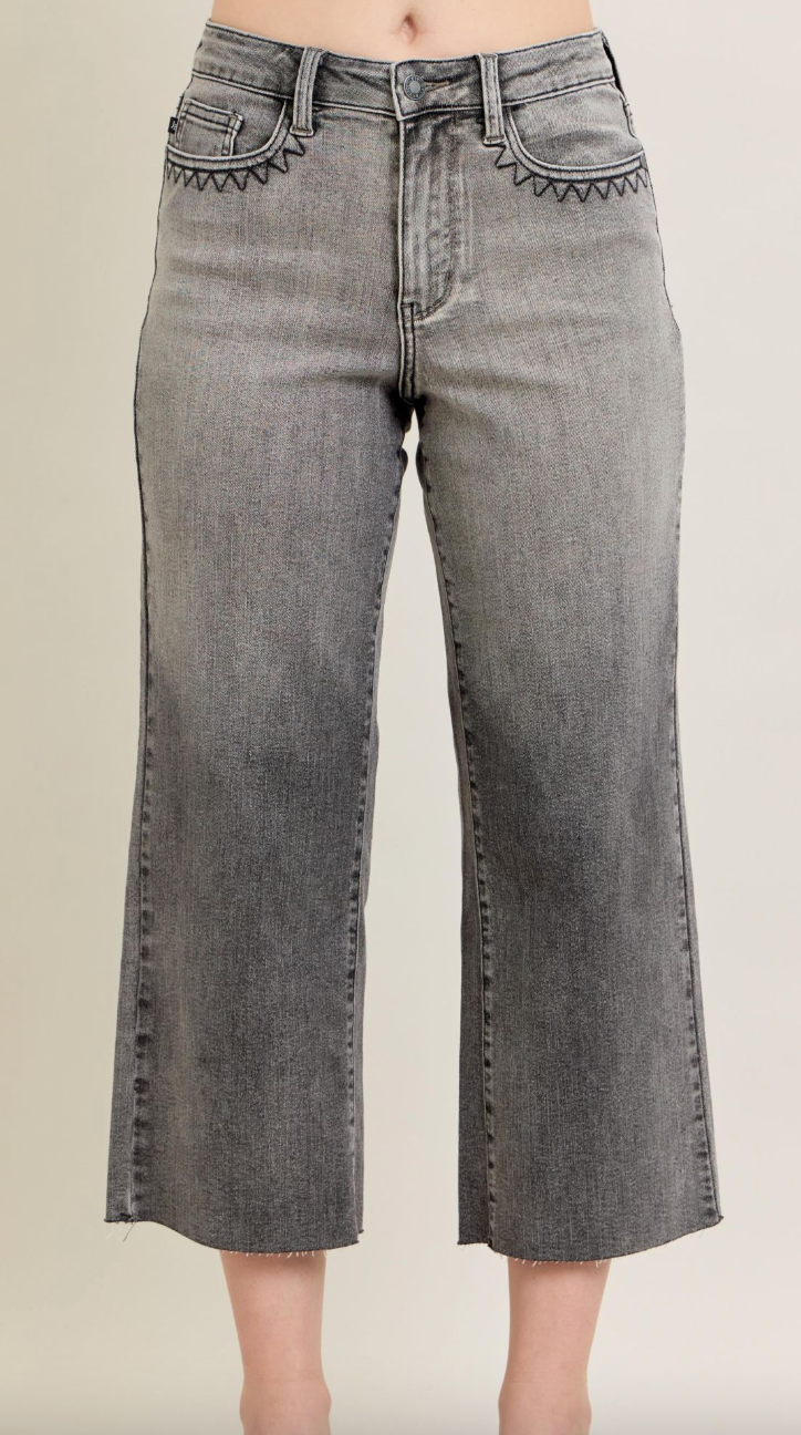 Judy Blue High Waist Gray Cropped Jeans with Embroidered Pocket Detail