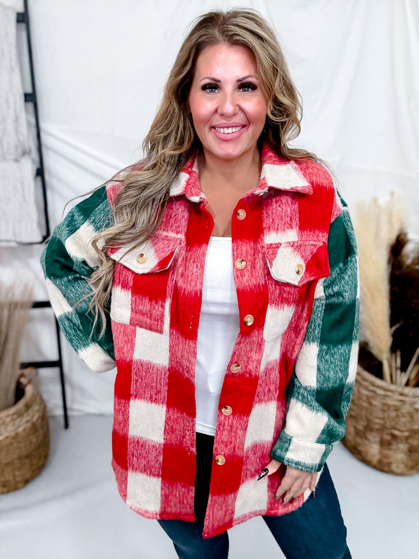 Red and Green Plaid Shacket with Chest Pocket