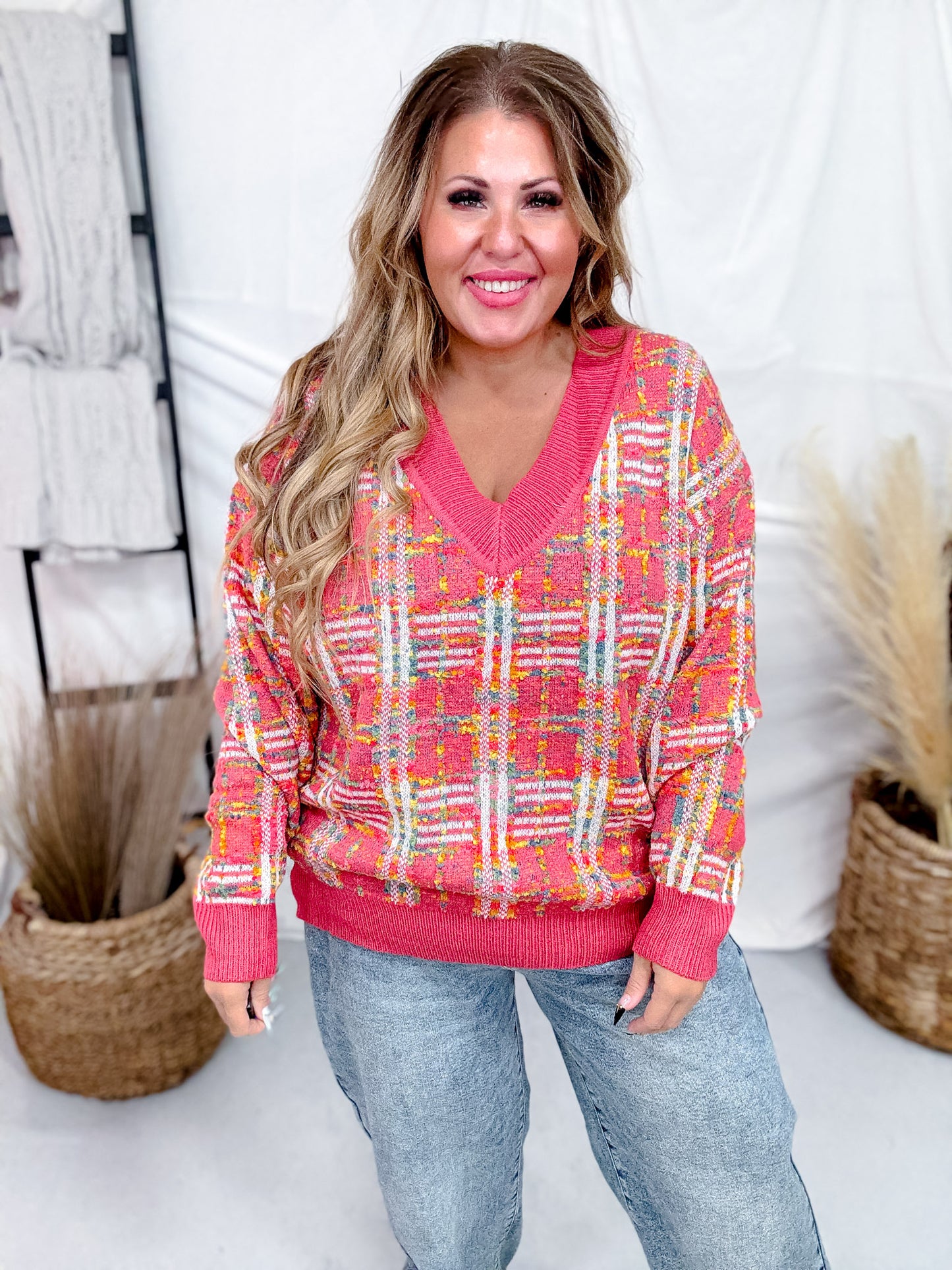 Pink and Rainbow Textured Plaid Sweater