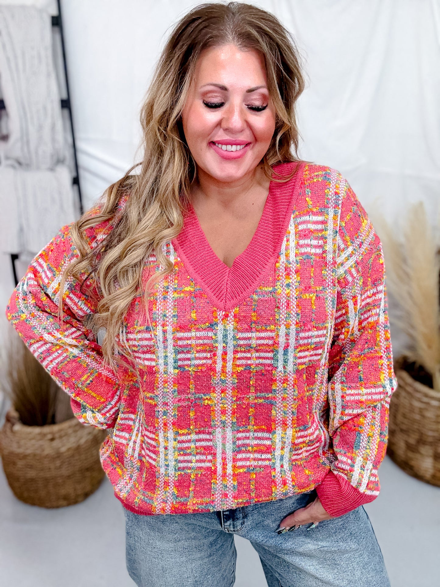 Pink and Rainbow Textured Plaid Sweater