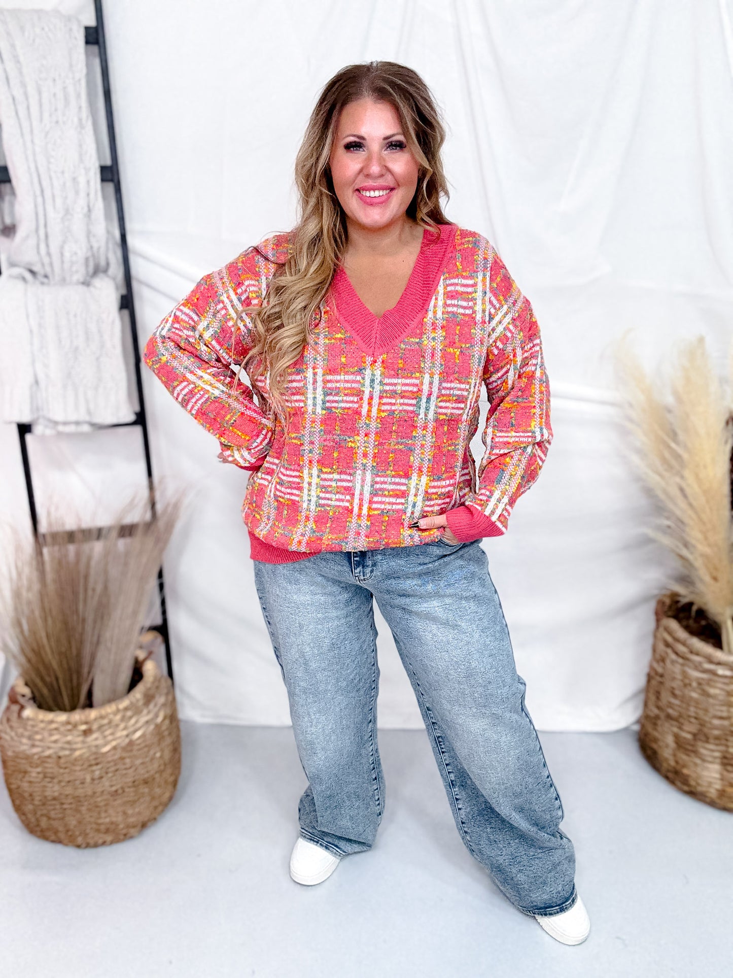 Pink and Rainbow Textured Plaid Sweater