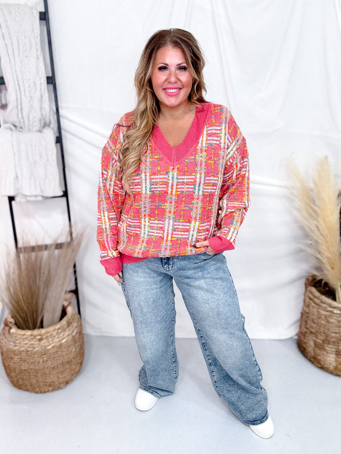 Pink and Rainbow Textured Plaid Sweater