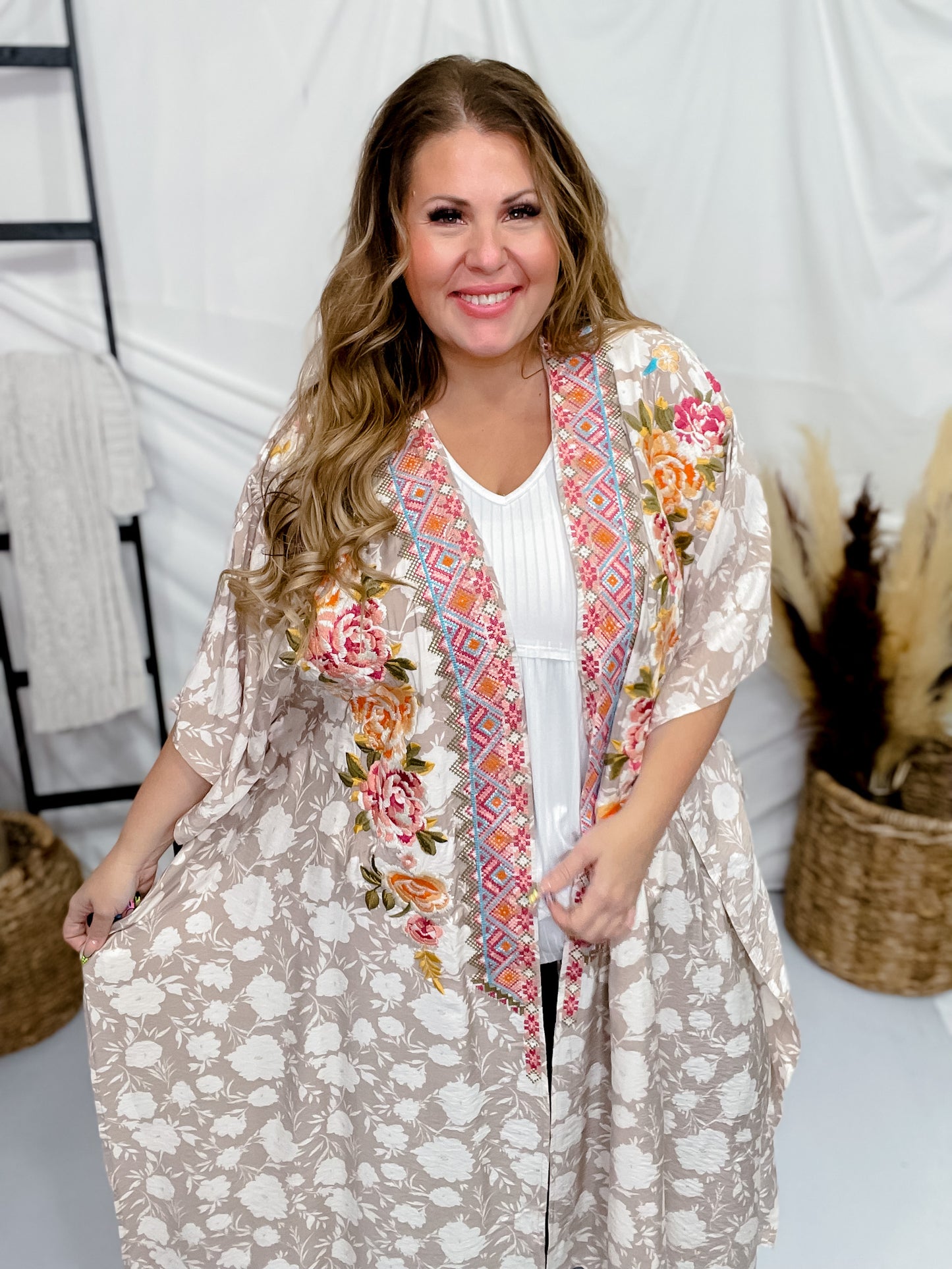 Floral Print Embroidered Open Front Kimono