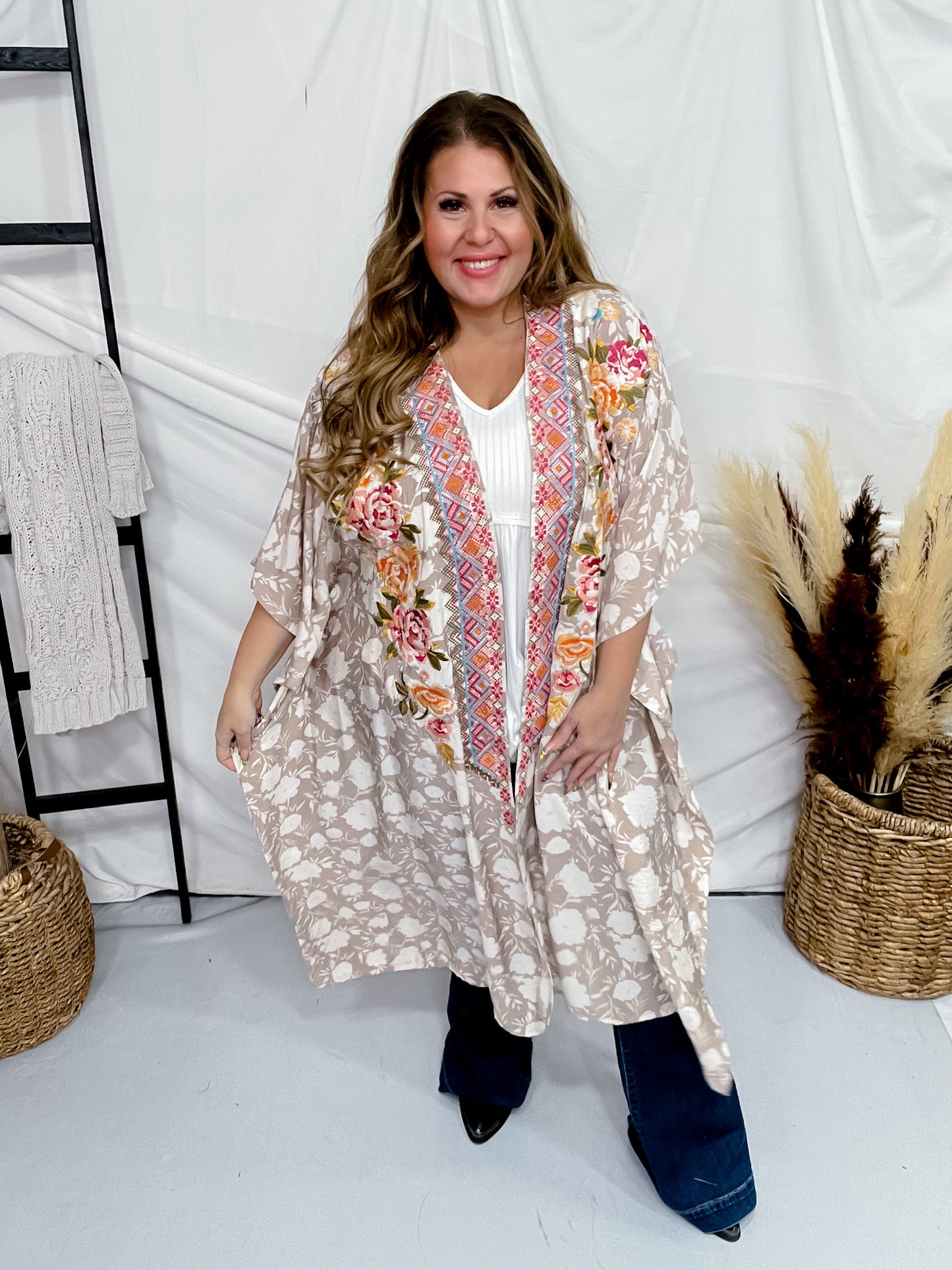 Floral Print Embroidered Open Front Kimono