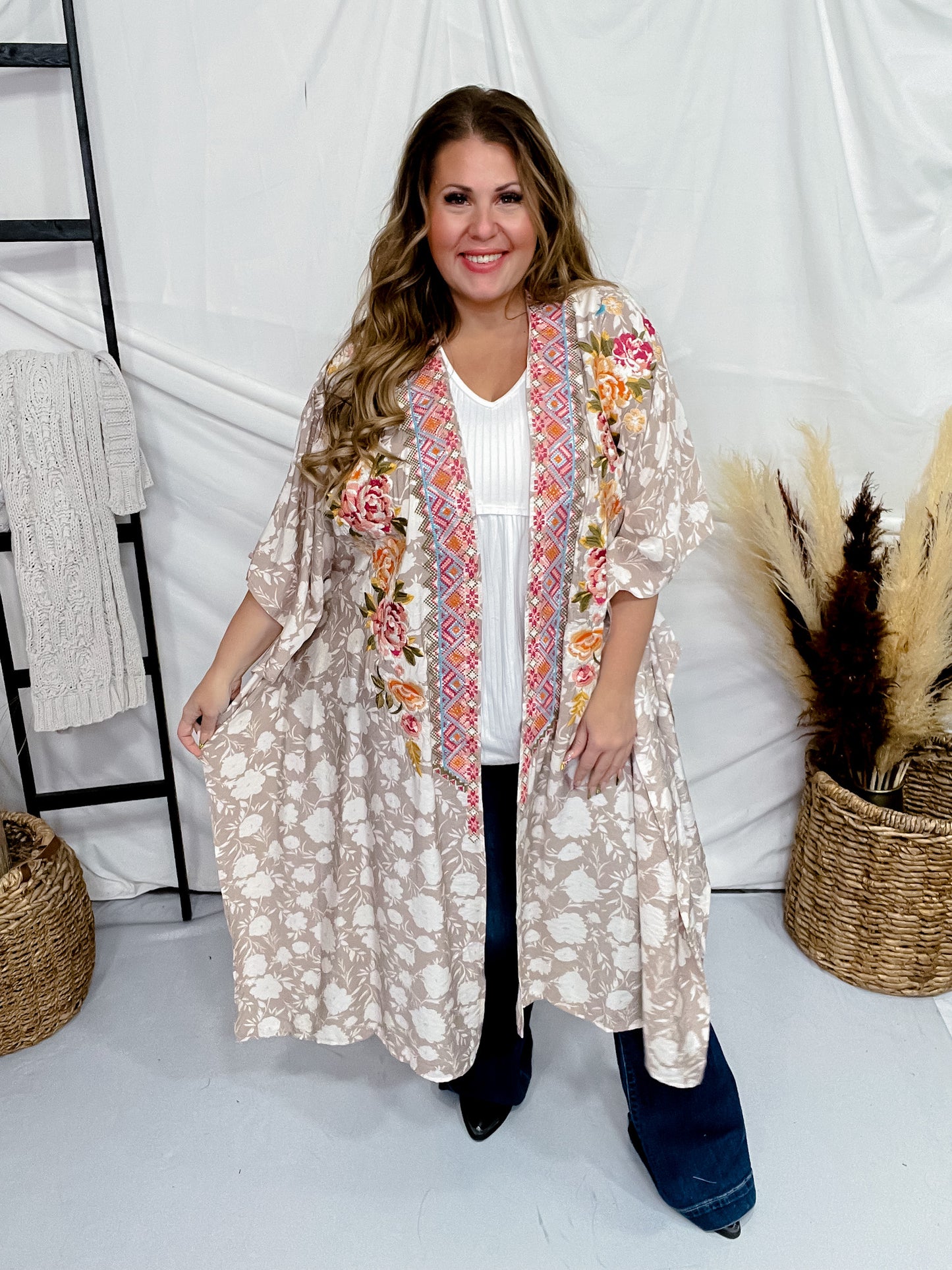 Floral Print Embroidered Open Front Kimono