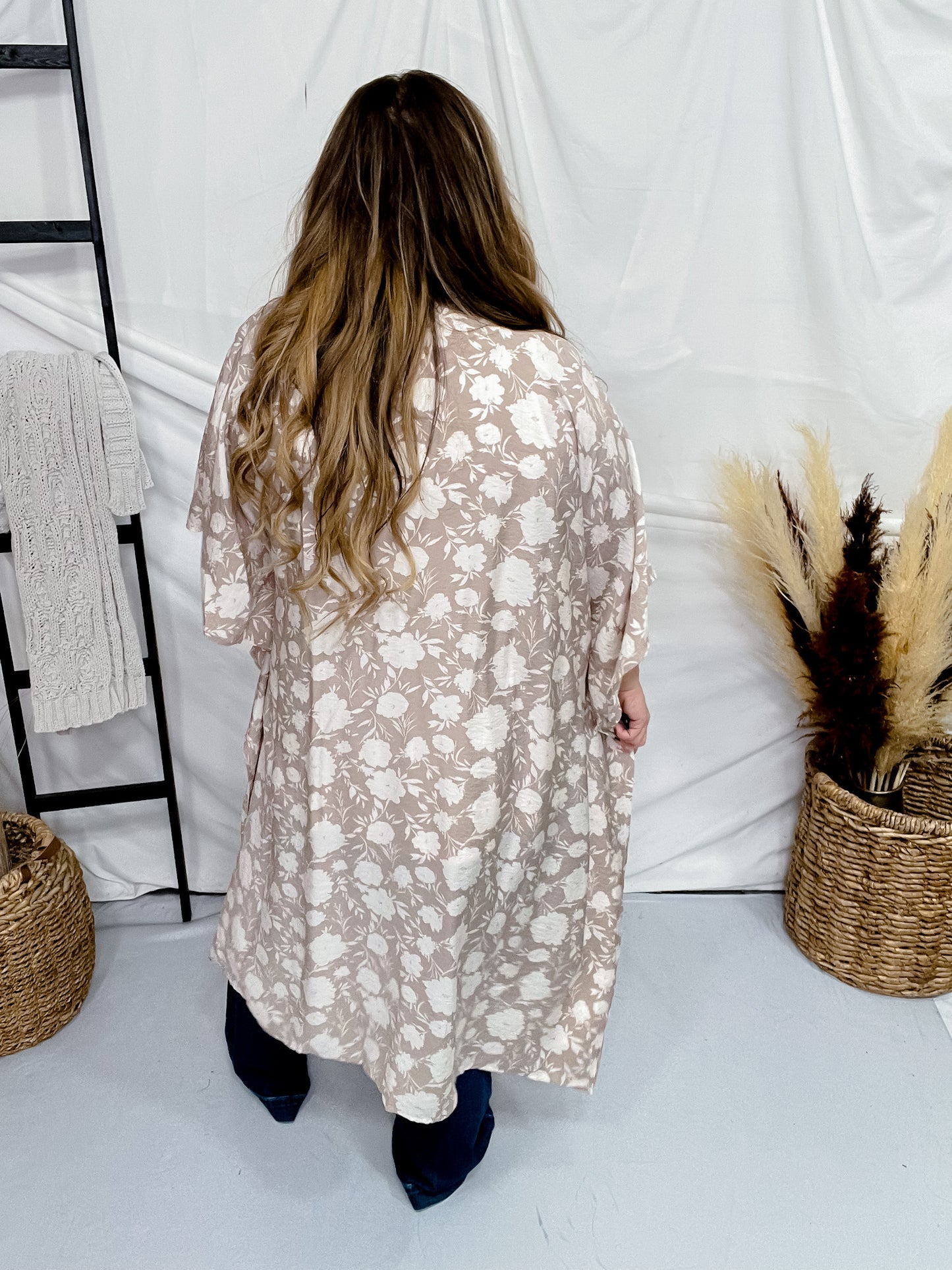 Floral Print Embroidered Open Front Kimono
