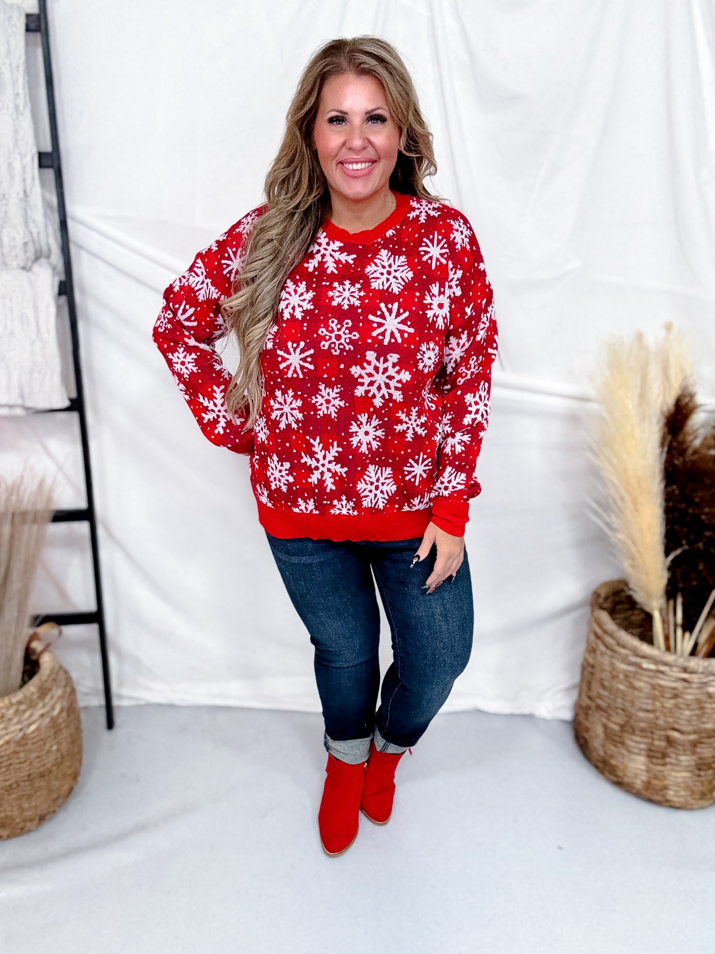 Snowflake Print Knit Sweatshirt In Red