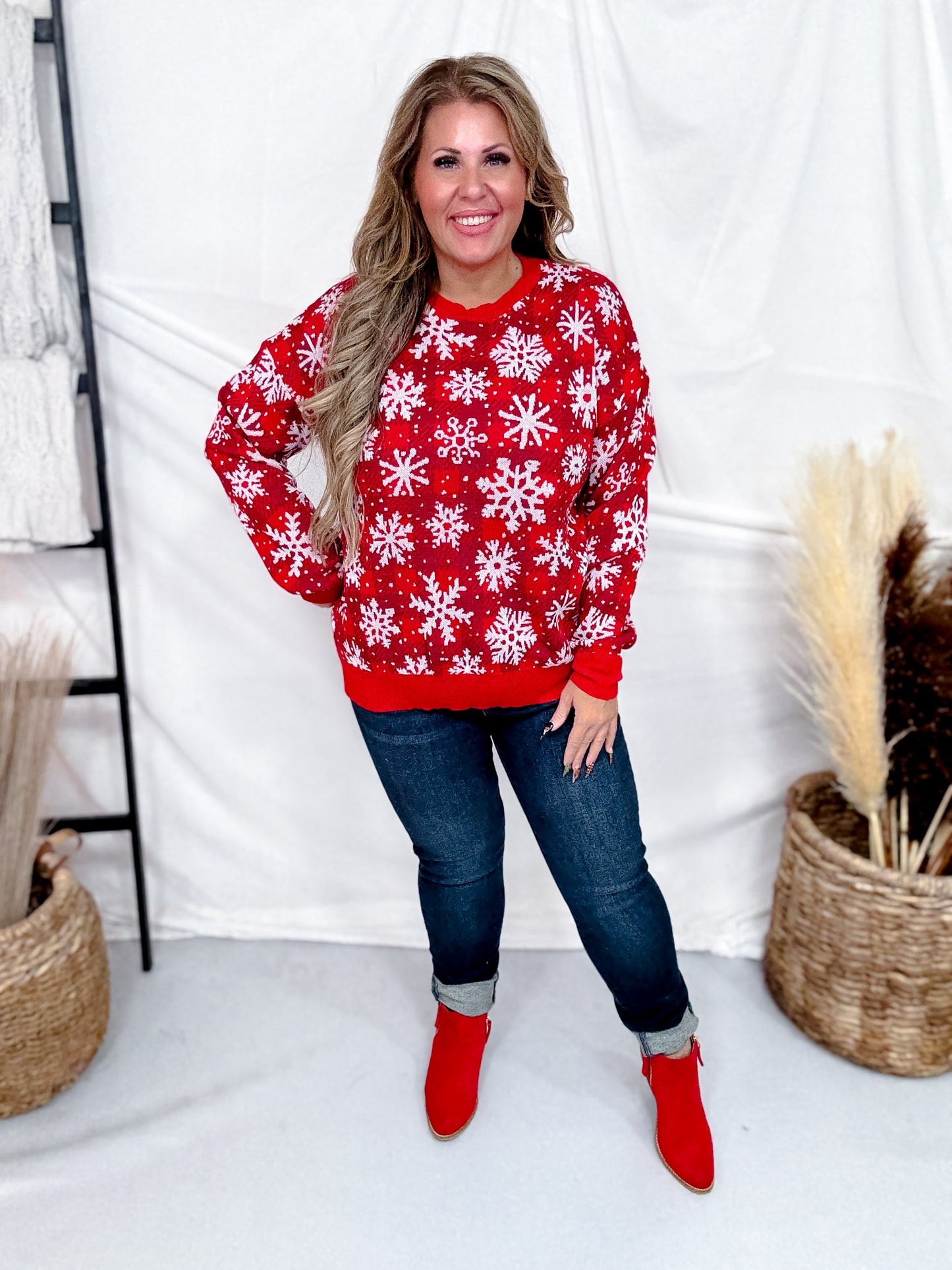 Snowflake Print Knit Sweatshirt In Red
