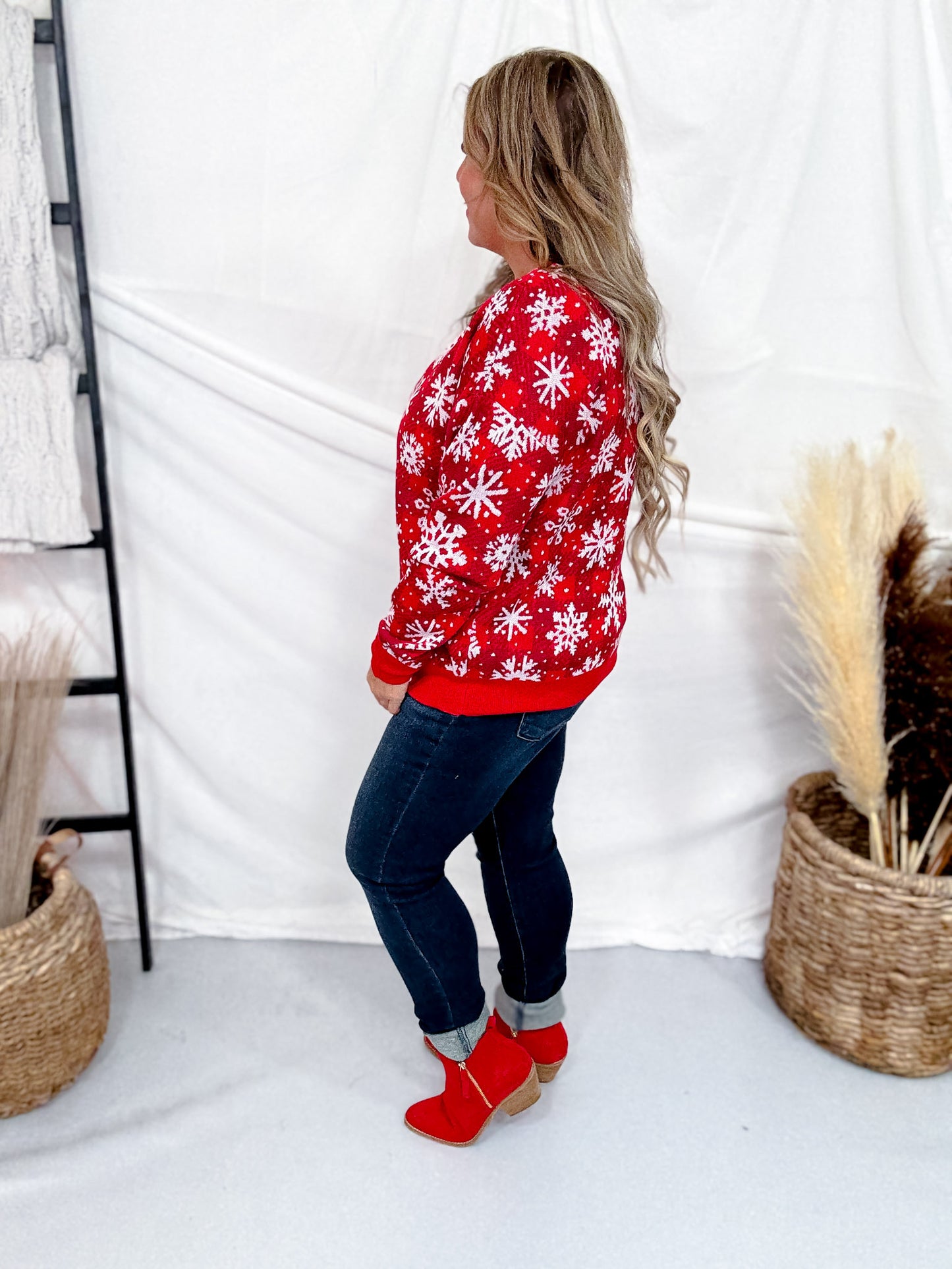 Snowflake Print Knit Sweatshirt In Red