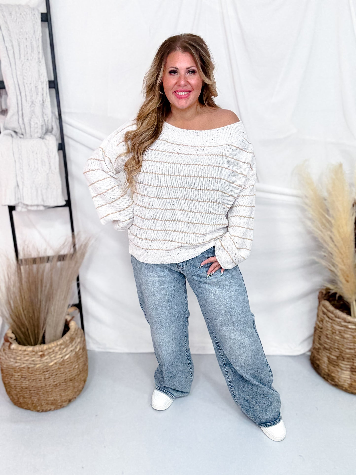 Striped Boat Neck Sweater In Speckled Oatmeal