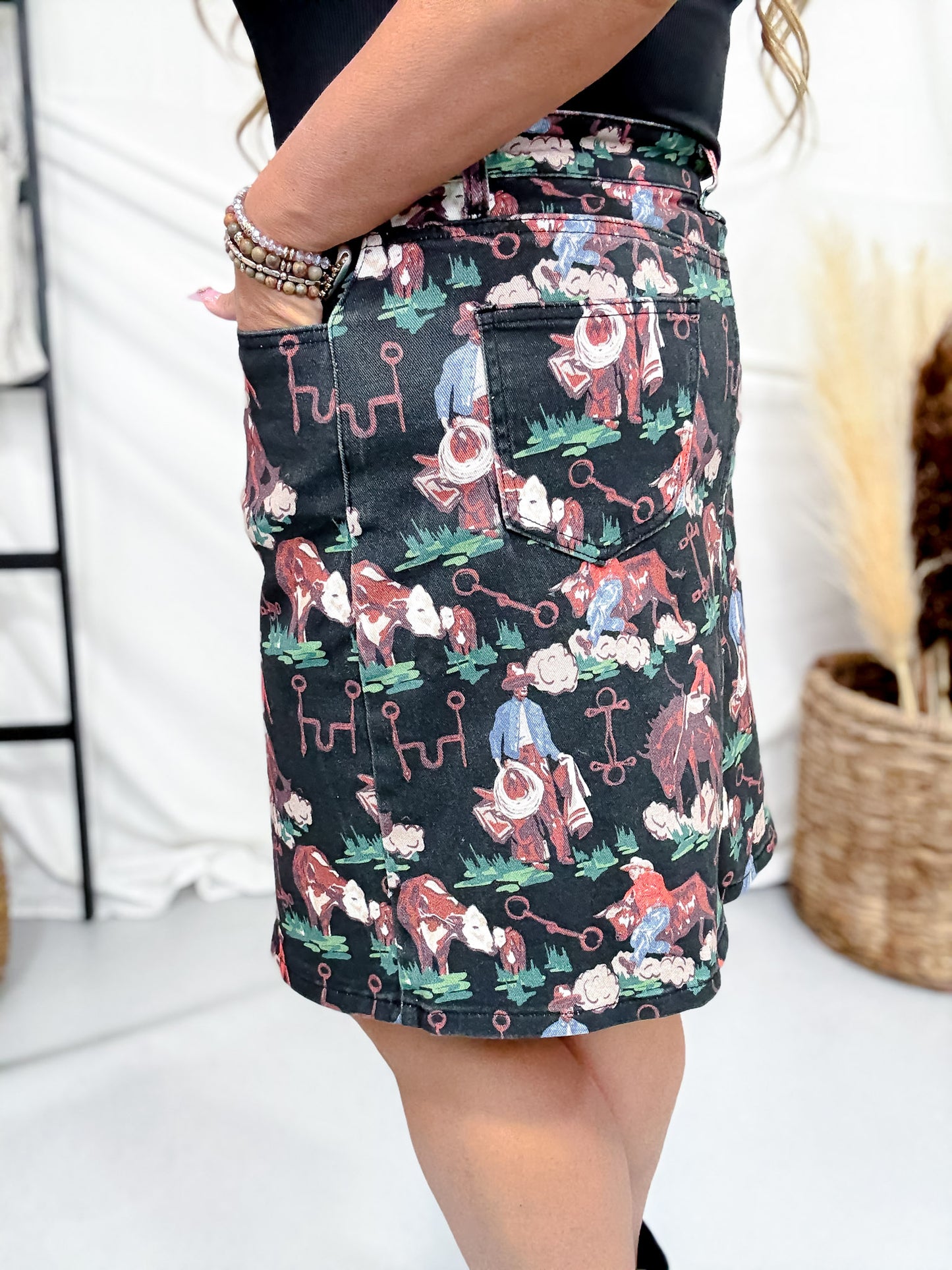 Denim If You Do Cowboy Print High Waist Skirt