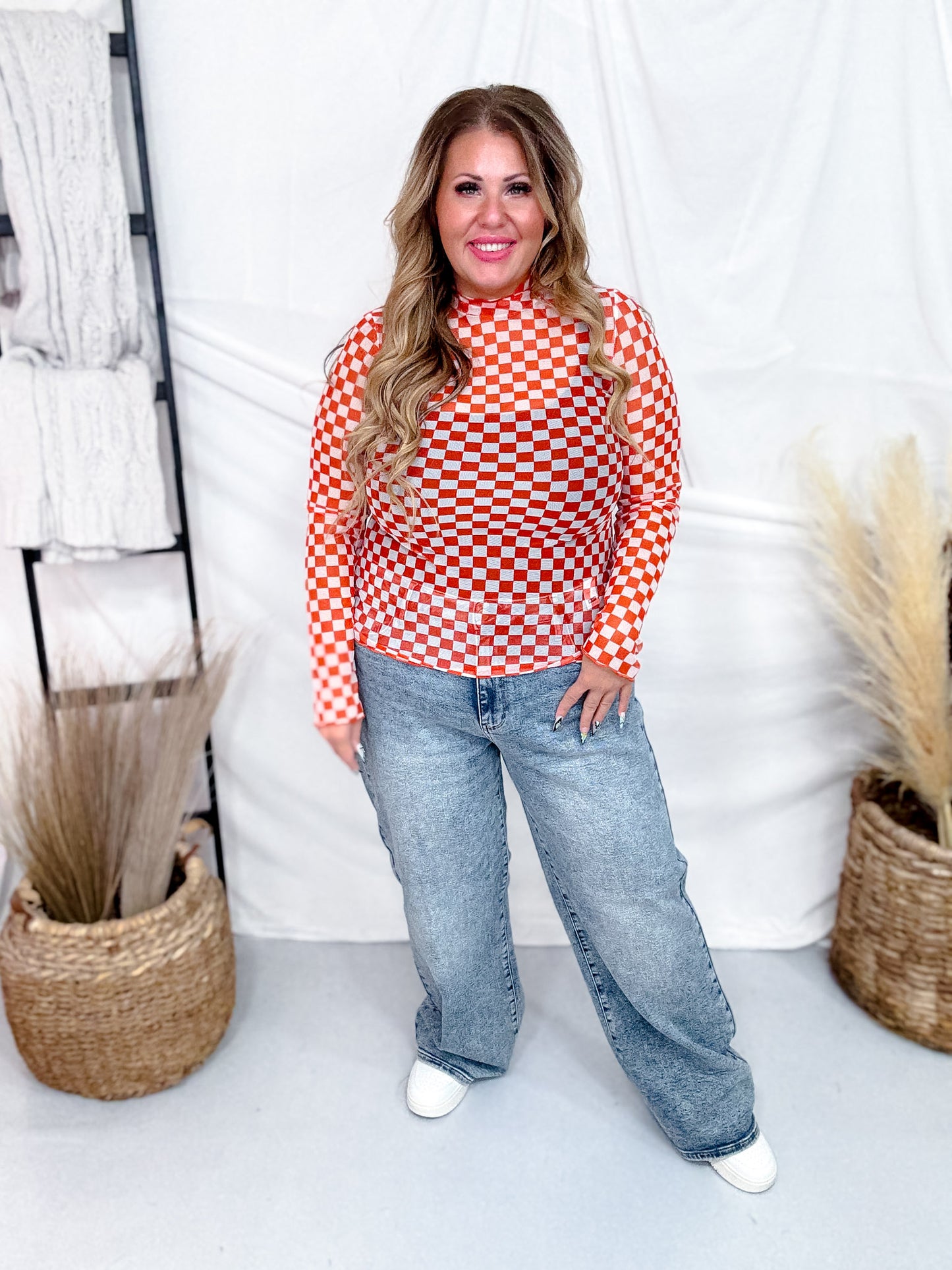 Orange & White Checkerboard Print Mesh Mock Neck Long Sleeve Top