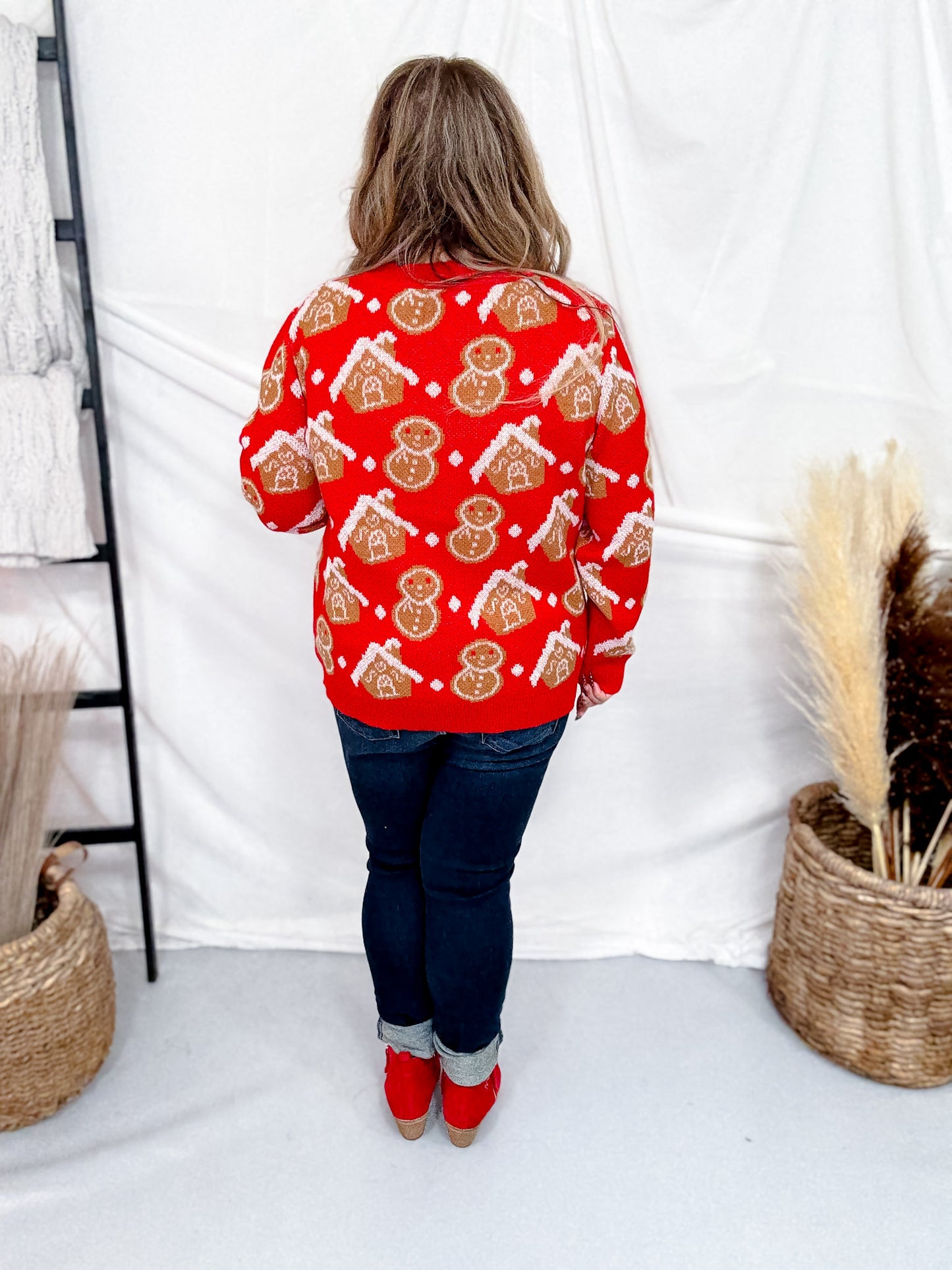 Gingerbread Print Red Button Front Cardigan