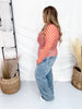 Orange & White Checkerboard Print Mesh Mock Neck Long Sleeve Top