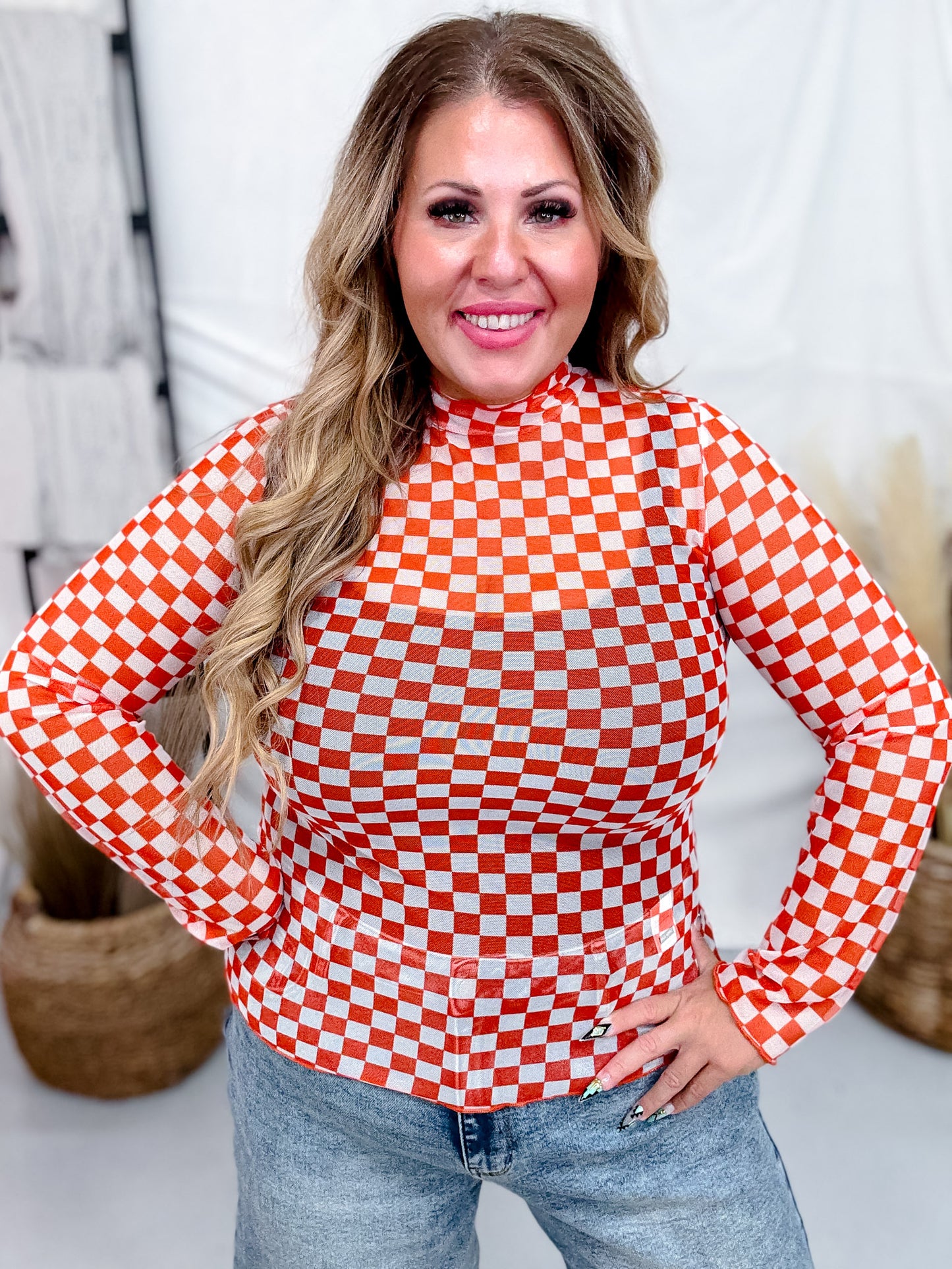 Orange & White Checkerboard Print Mesh Mock Neck Long Sleeve Top