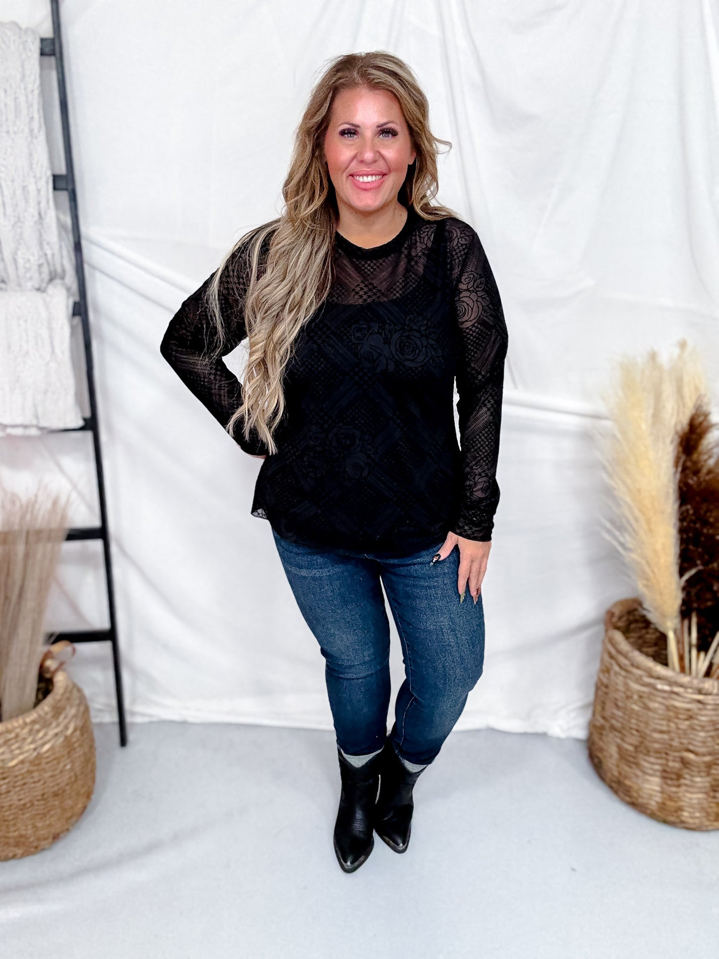 Long Sleeve Black Floral Plaid Mesh Top
