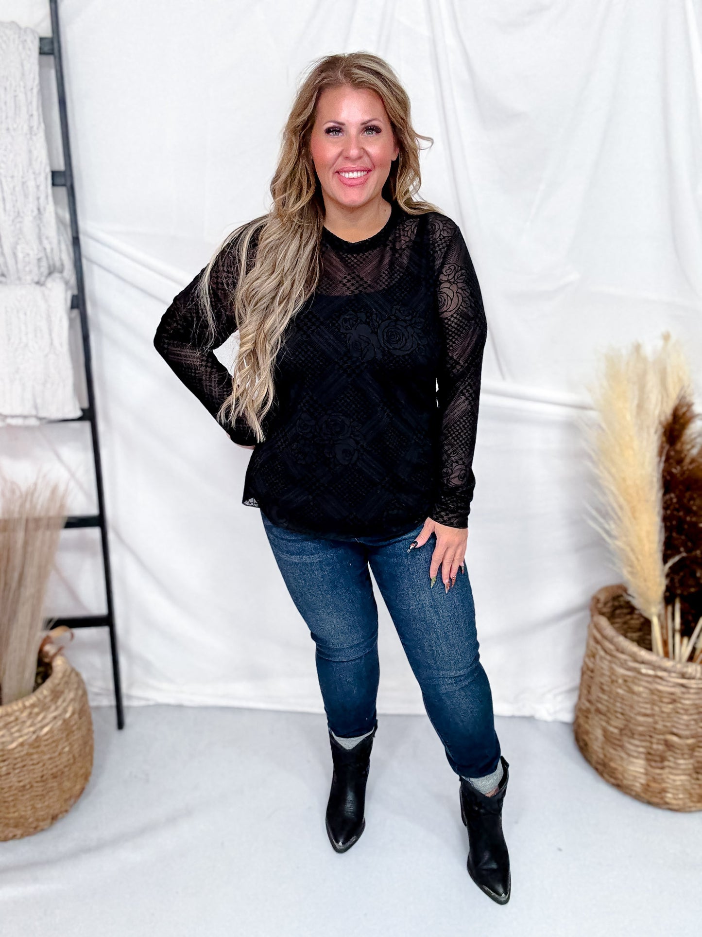 Long Sleeve Black Floral Plaid Mesh Top