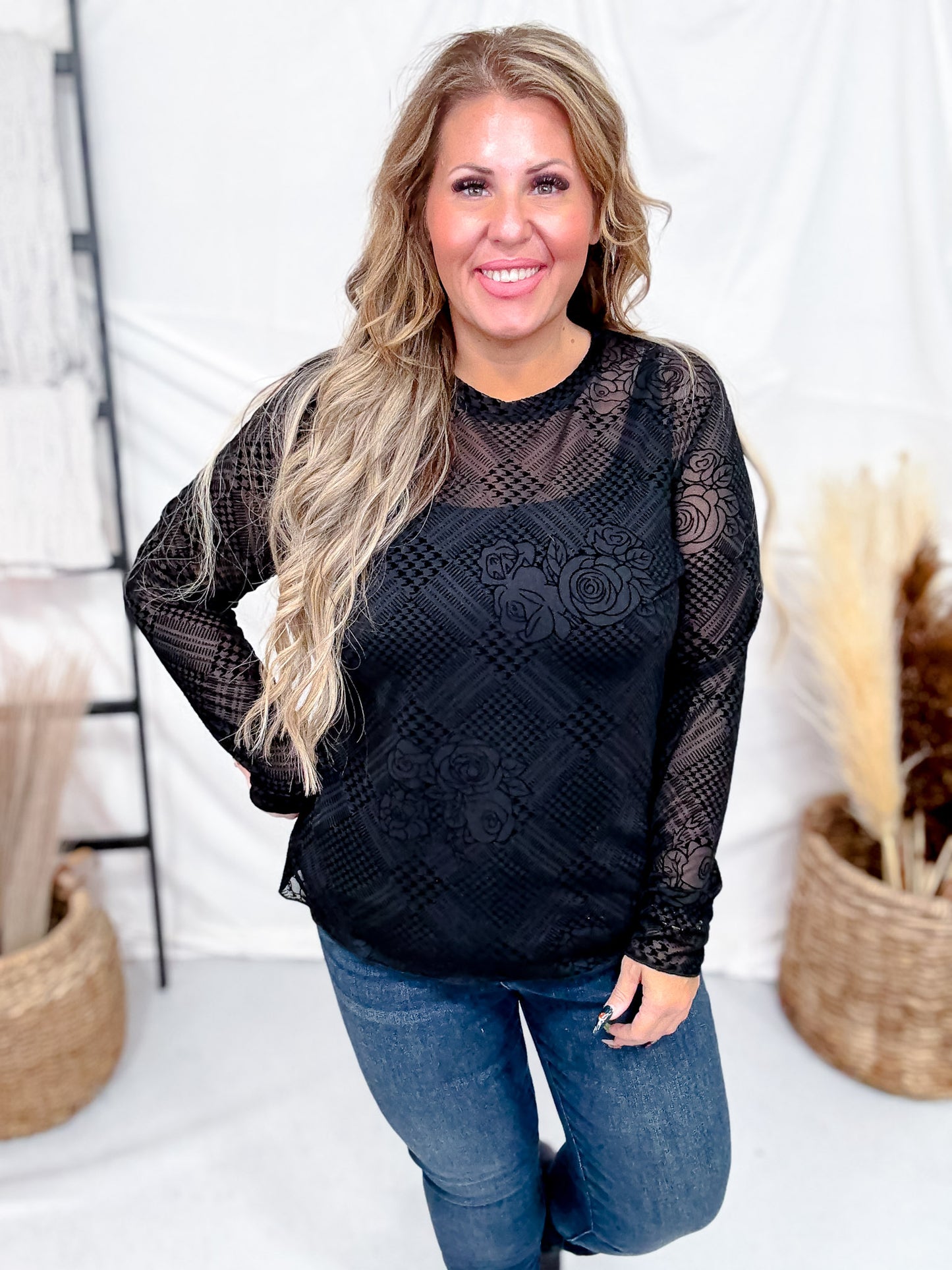 Long Sleeve Black Floral Plaid Mesh Top