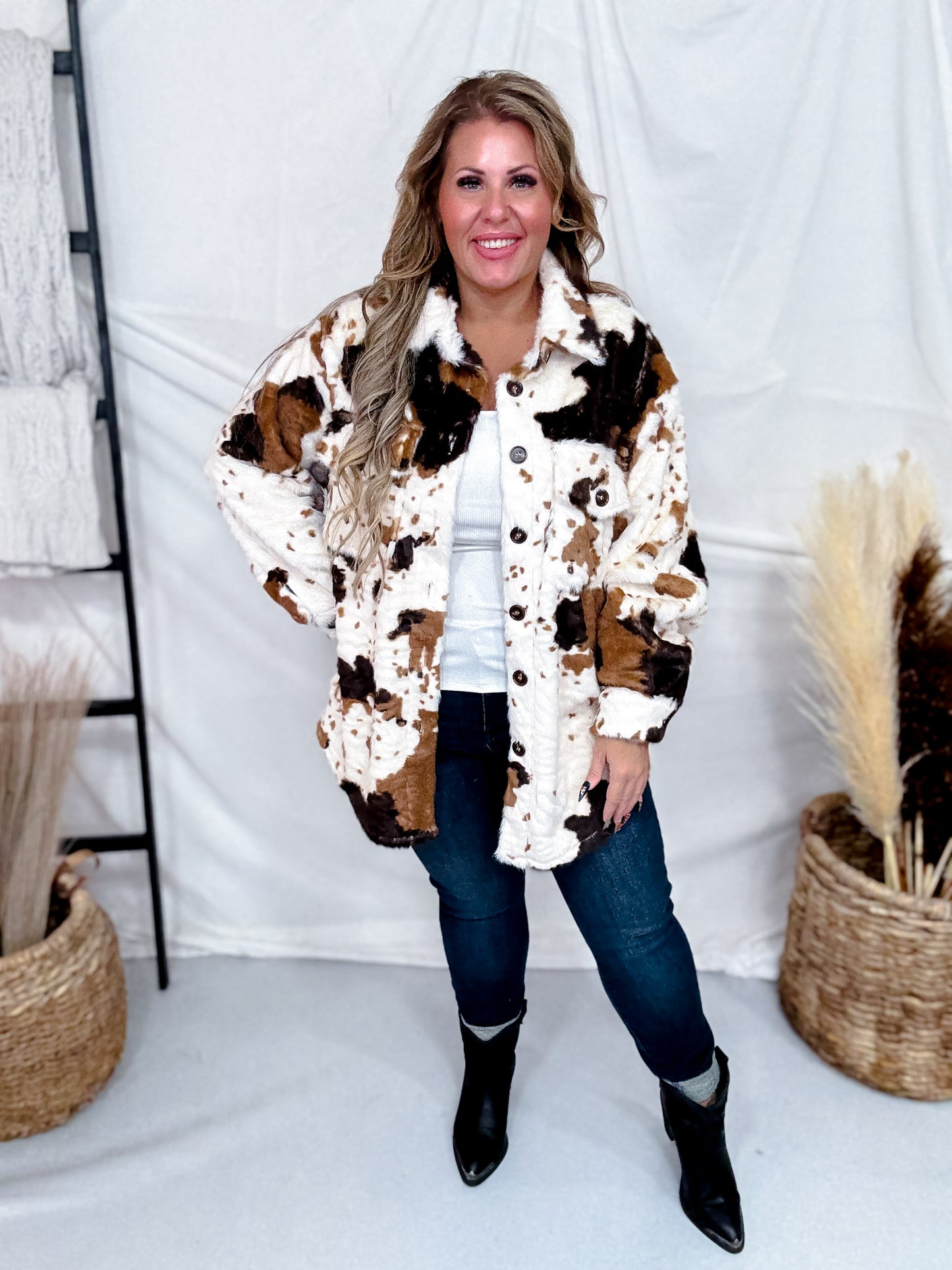 Brown & Black Cow Print Faux Fur Shacket