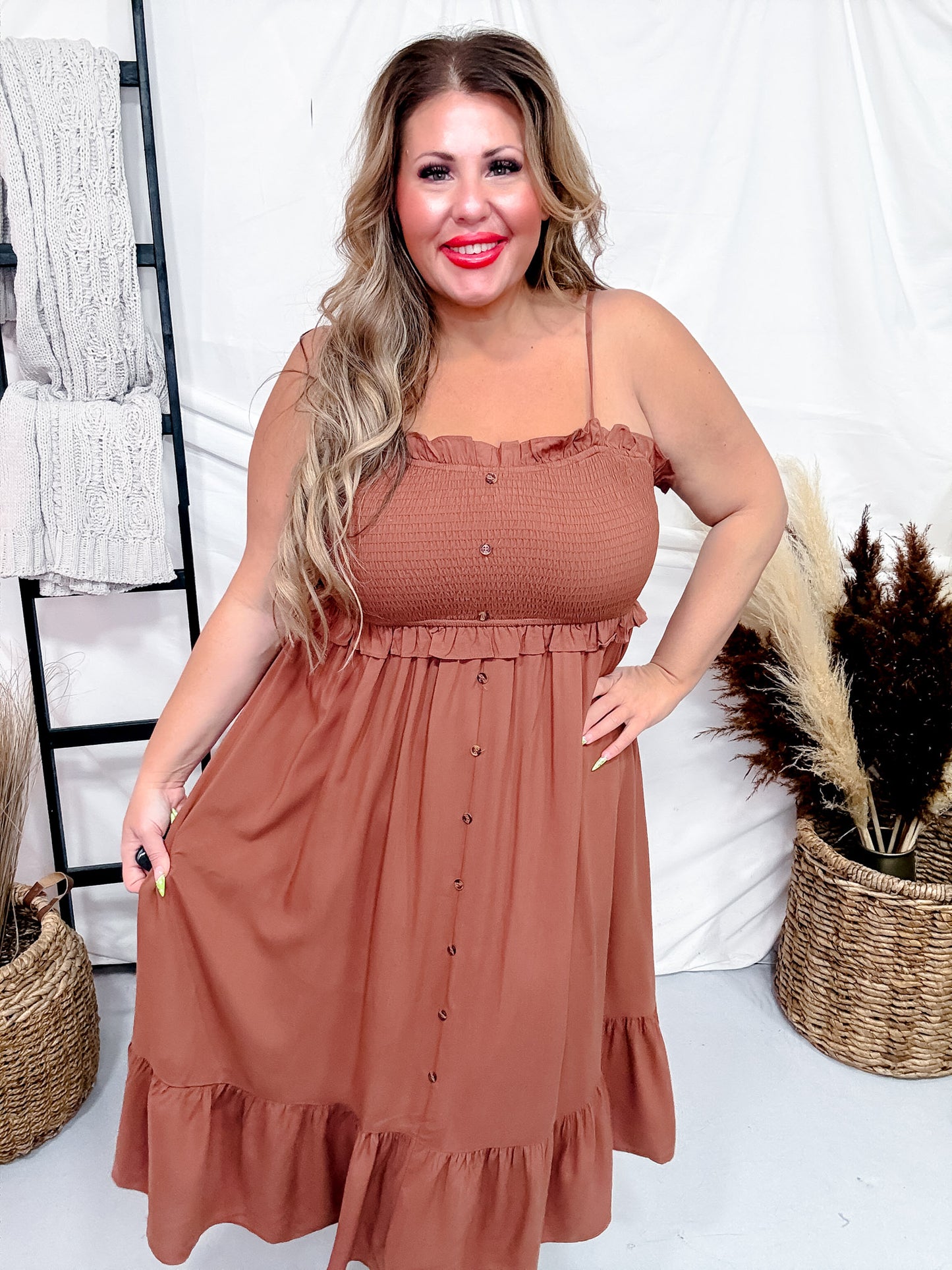 The Jones Smocked Sleeveless Dress in Desert Sand
