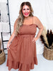 The Jones Smocked Sleeveless Dress in Desert Sand