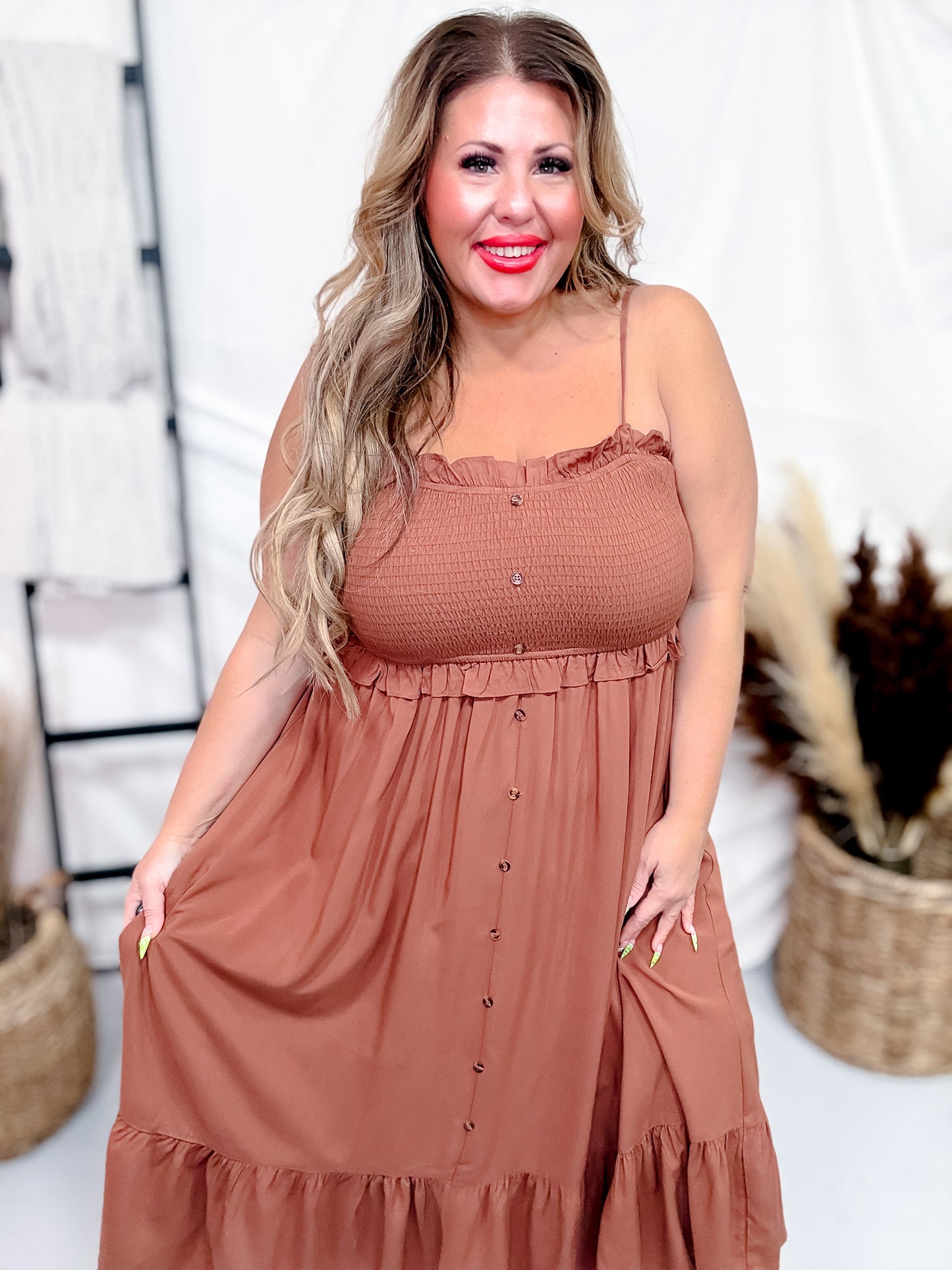 The Jones Smocked Sleeveless Dress in Desert Sand