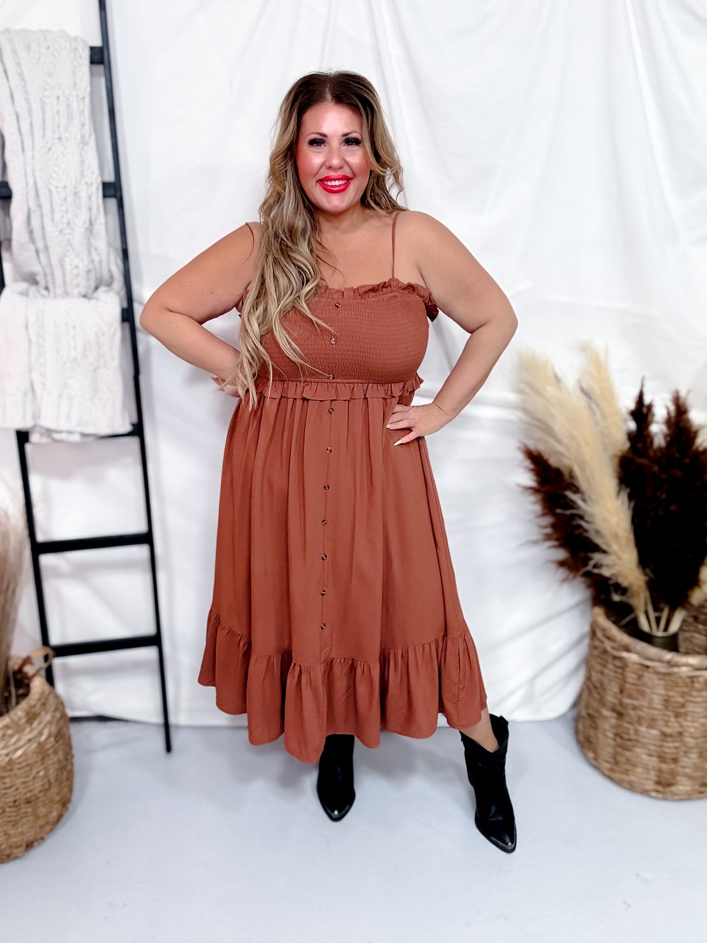 The Jones Smocked Sleeveless Dress in Desert Sand
