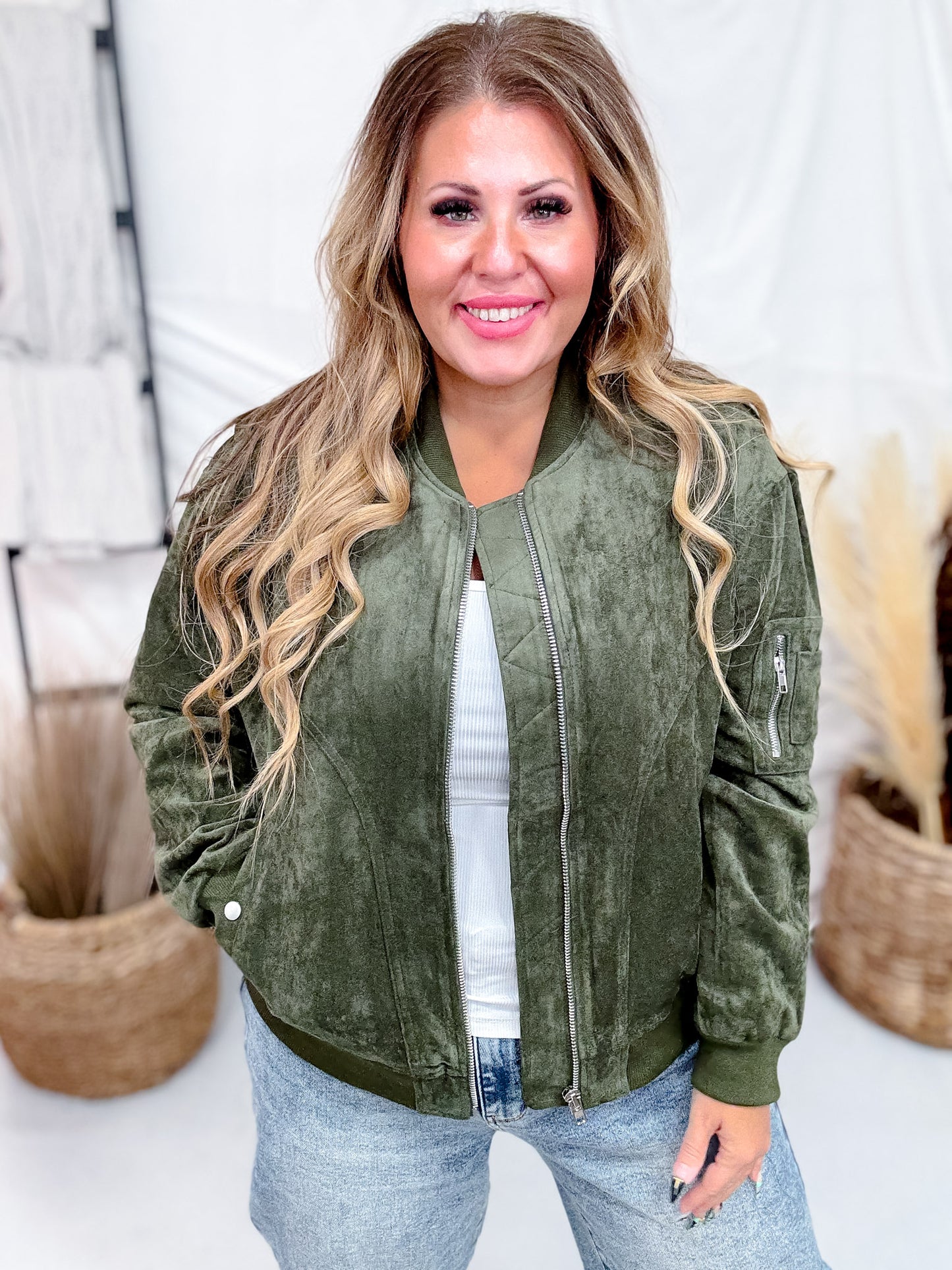 Long Sleeve Olive Zip-Up Bomber Jacket W/ Buttoned Side Pockets