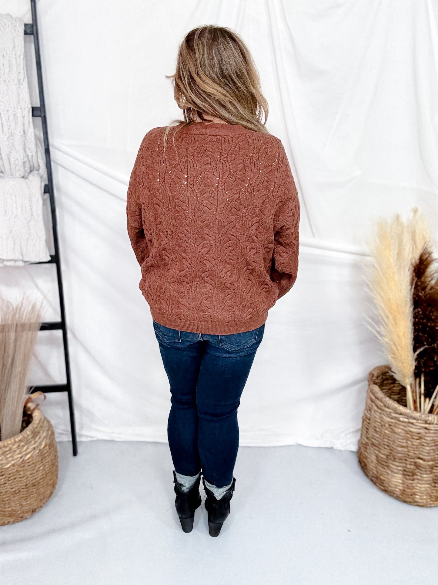 Brown Button Front Cable Knit Cardigan