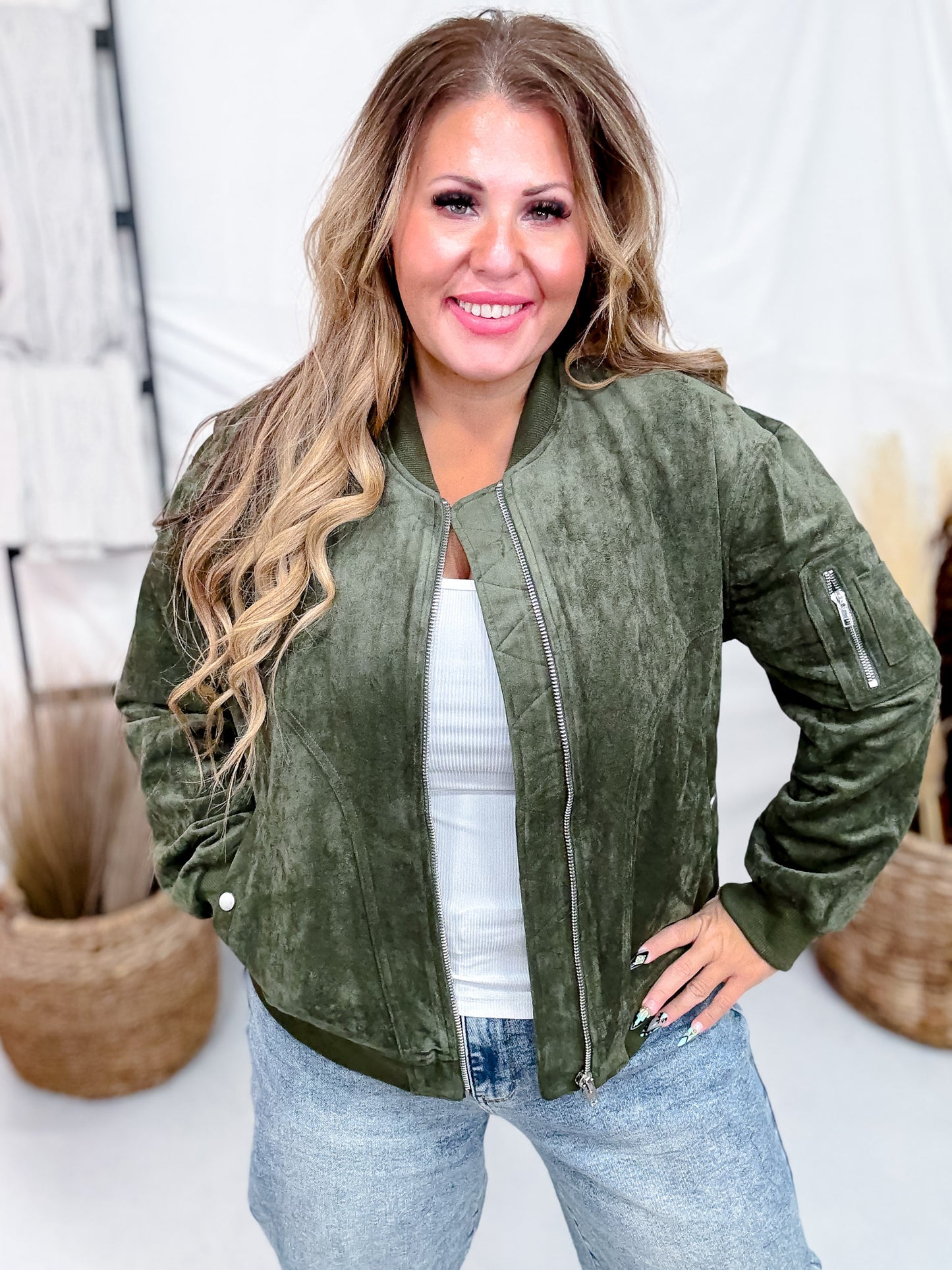 Long Sleeve Olive Zip-Up Bomber Jacket W/ Buttoned Side Pockets