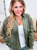 Long Sleeve Olive Zip-Up Bomber Jacket W/ Buttoned Side Pockets