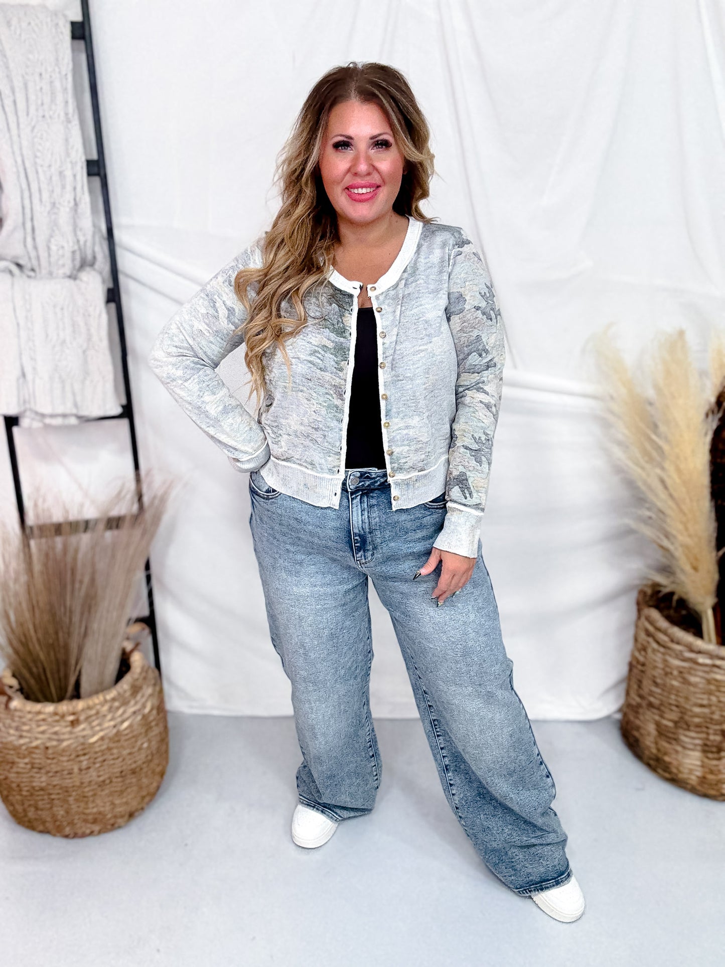 Long Sleeve Reverse Print Camo Knit Top W/ Button Down Front