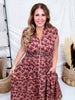 Dusty Rose & Wine Floral Print Zip Front Midi Dress