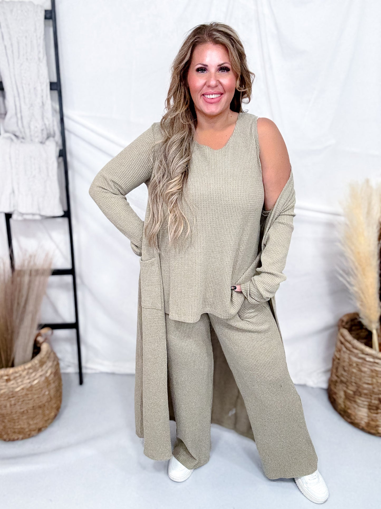 3 Piece Brushed Thermal Loungewear Set With Cardigan (8 Colors)
