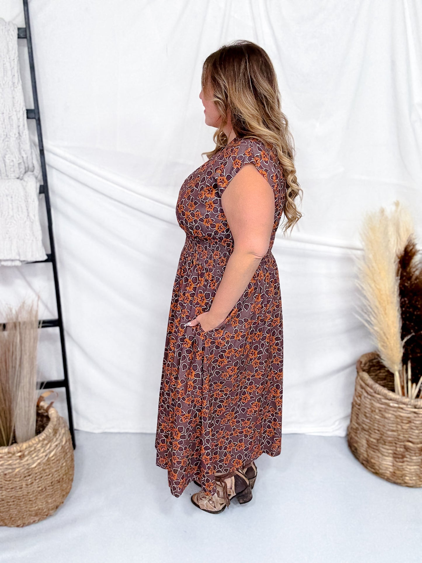 Mocha & Caramel Floral Print Zip Front Midi Dress
