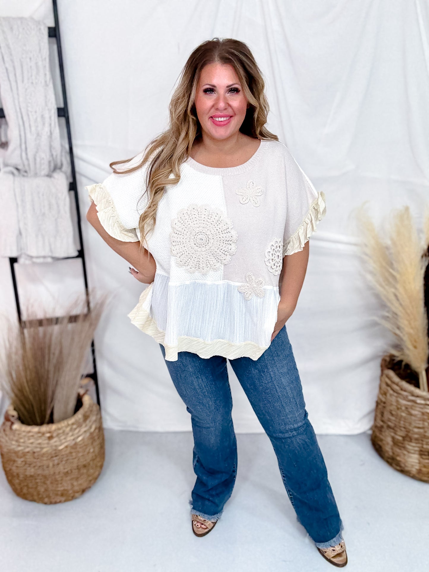 Natural Coloring Textured Patchwork Short Sleeve Floral Sweater Top
