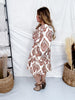 Mocha Paisley Print Midi Dress With Ruffle Shoulders