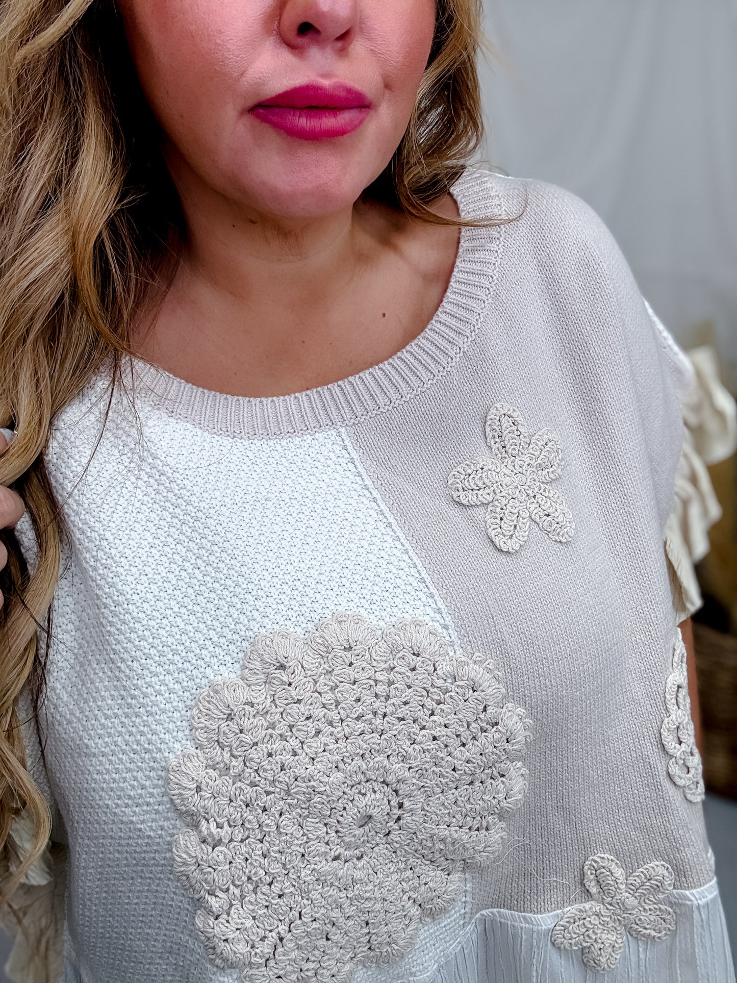Natural Coloring Textured Patchwork Short Sleeve Floral Sweater Top