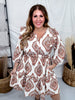 Mocha Paisley Print Midi Dress With Ruffle Shoulders