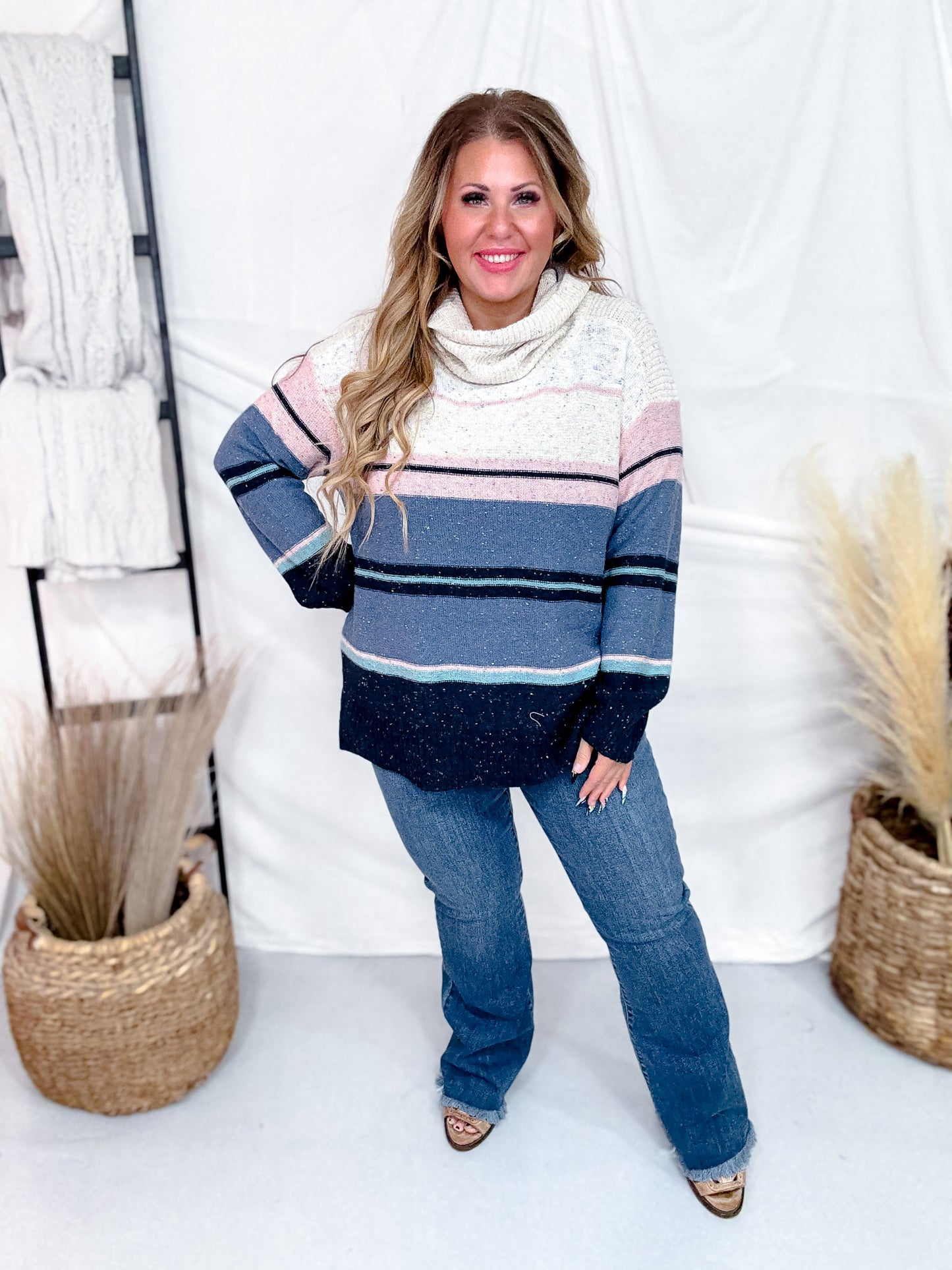 Multi Colored Cowl Neck Sweater With Stripes