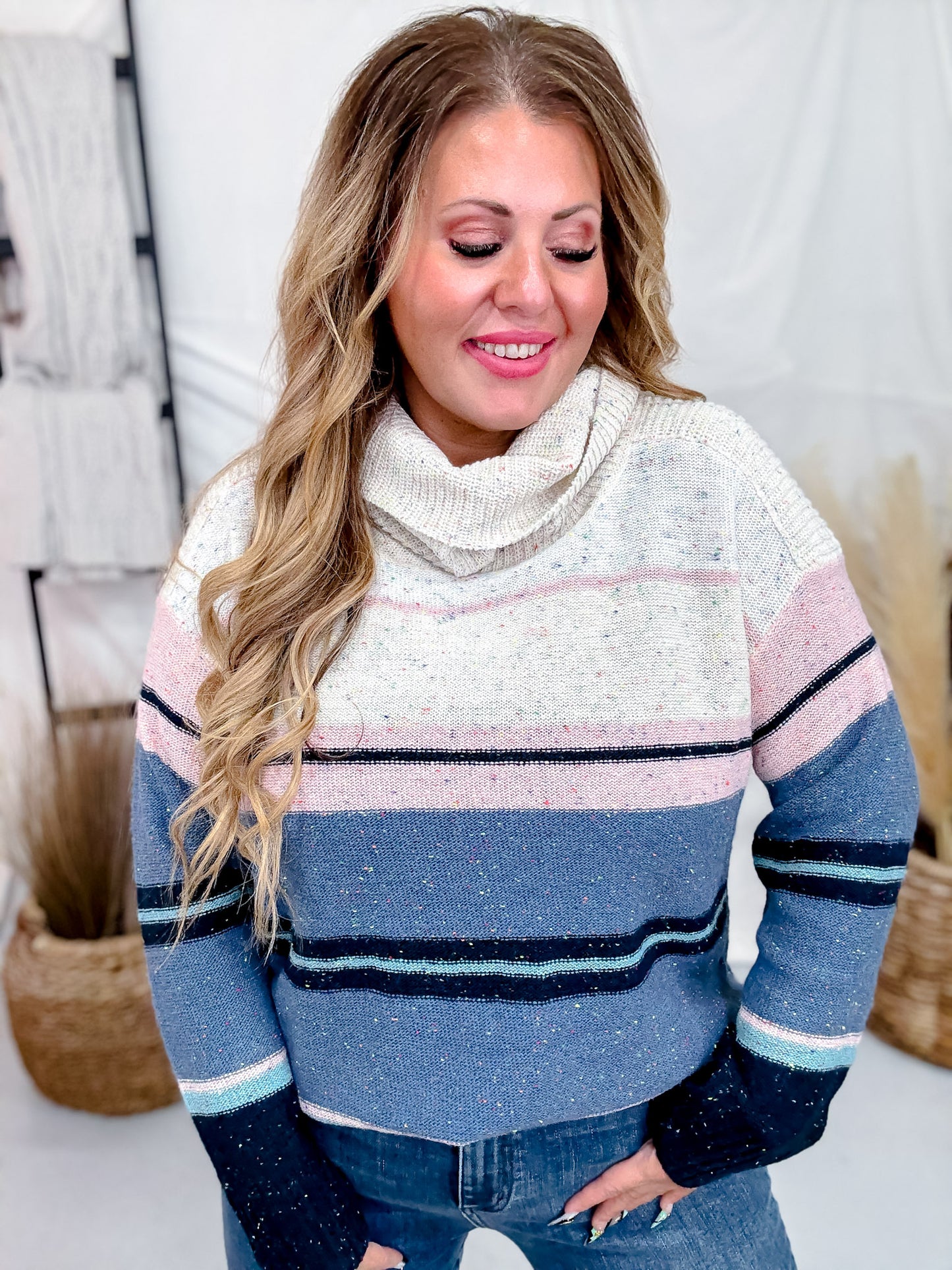 Multi Colored Cowl Neck Sweater With Stripes