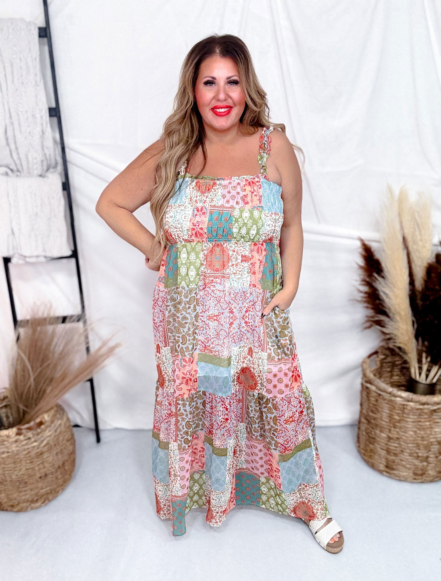 Spring Boho Patchwork Maxi Dress with Smocked Bodice