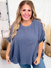 Denim Blue Textured Short Sleeve Stud Embellished Hi-Lo Top
