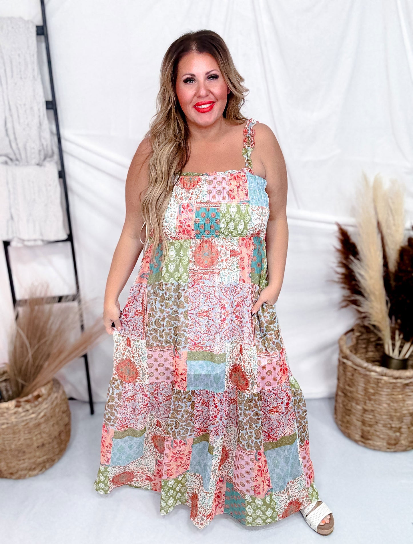 Spring Boho Patchwork Maxi Dress with Smocked Bodice