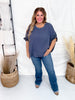 Denim Blue Textured Short Sleeve Stud Embellished Hi-Lo Top