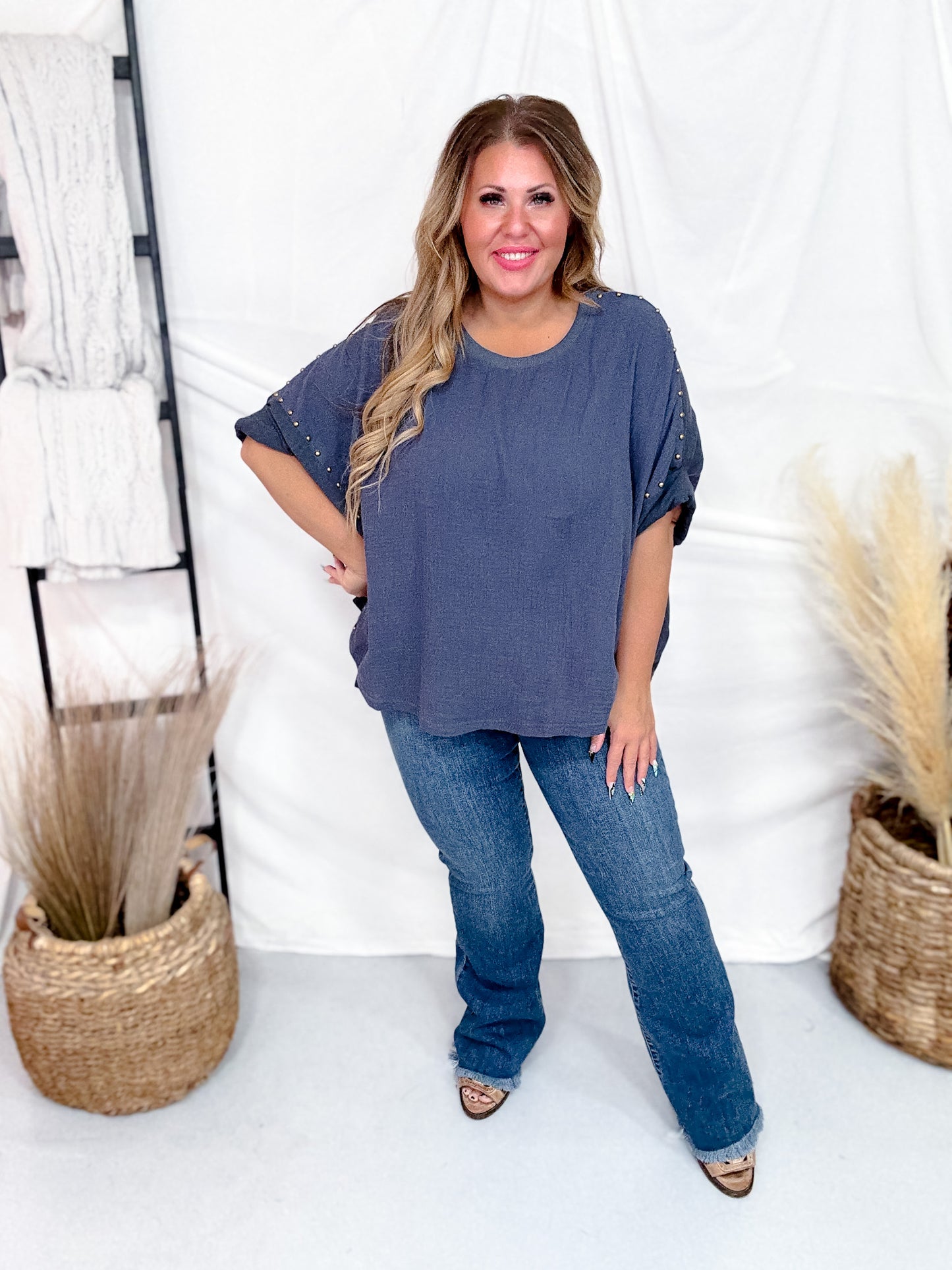 Denim Blue Textured Short Sleeve Stud Embellished Hi-Lo Top